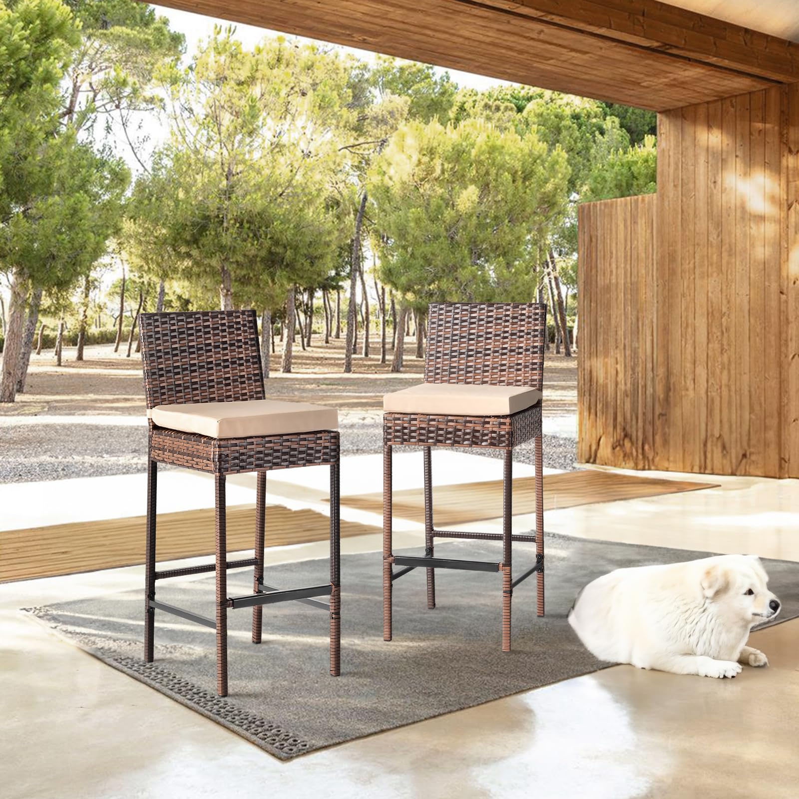 Outdoor Wicker Bar Stool Set of 2 with Cushions