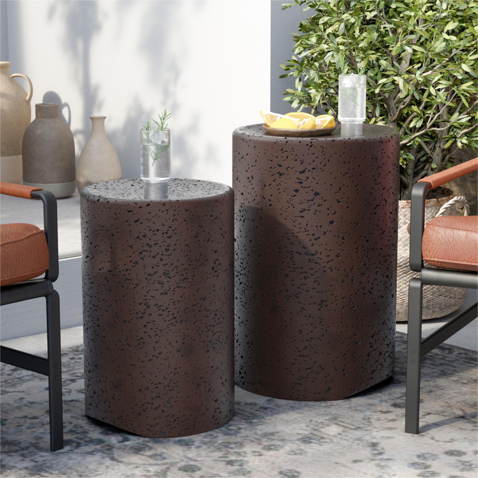 Concrete Side Table Set of 2 Round Nesting Outdoor End Tables