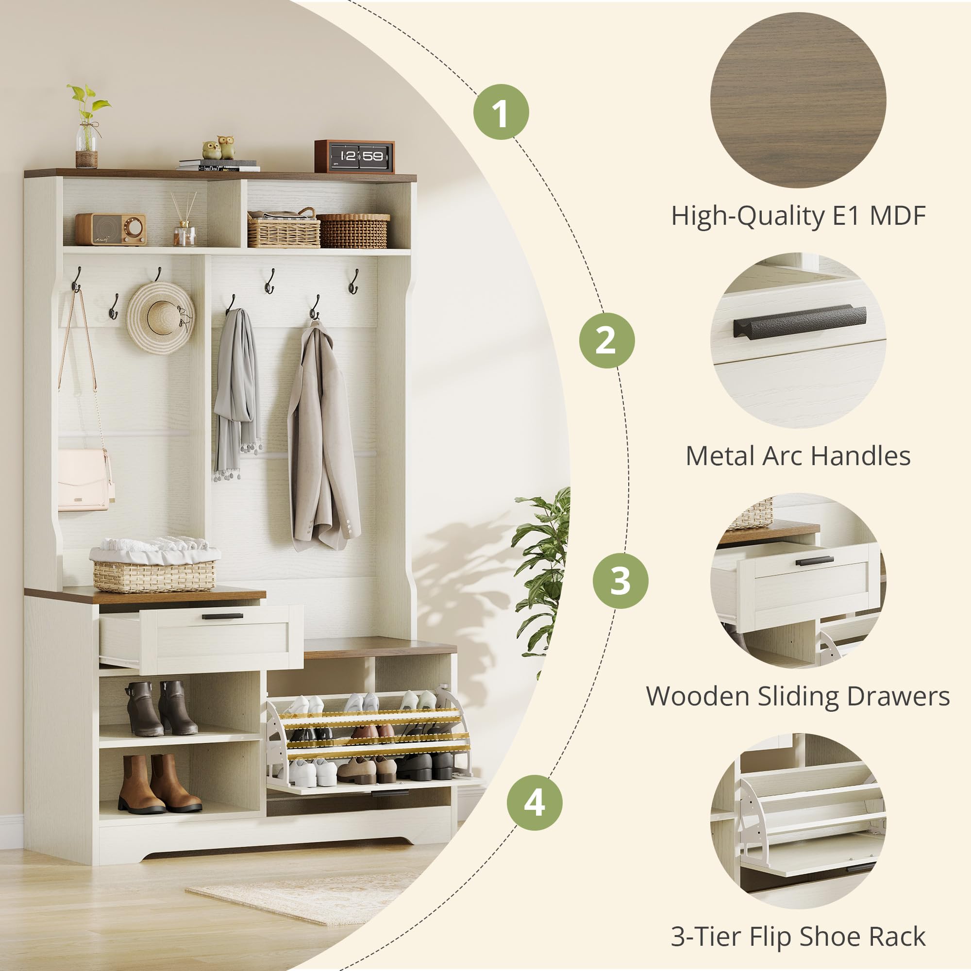 Modern Hall Tree with Bench Shoe Storage and 7 Hooks