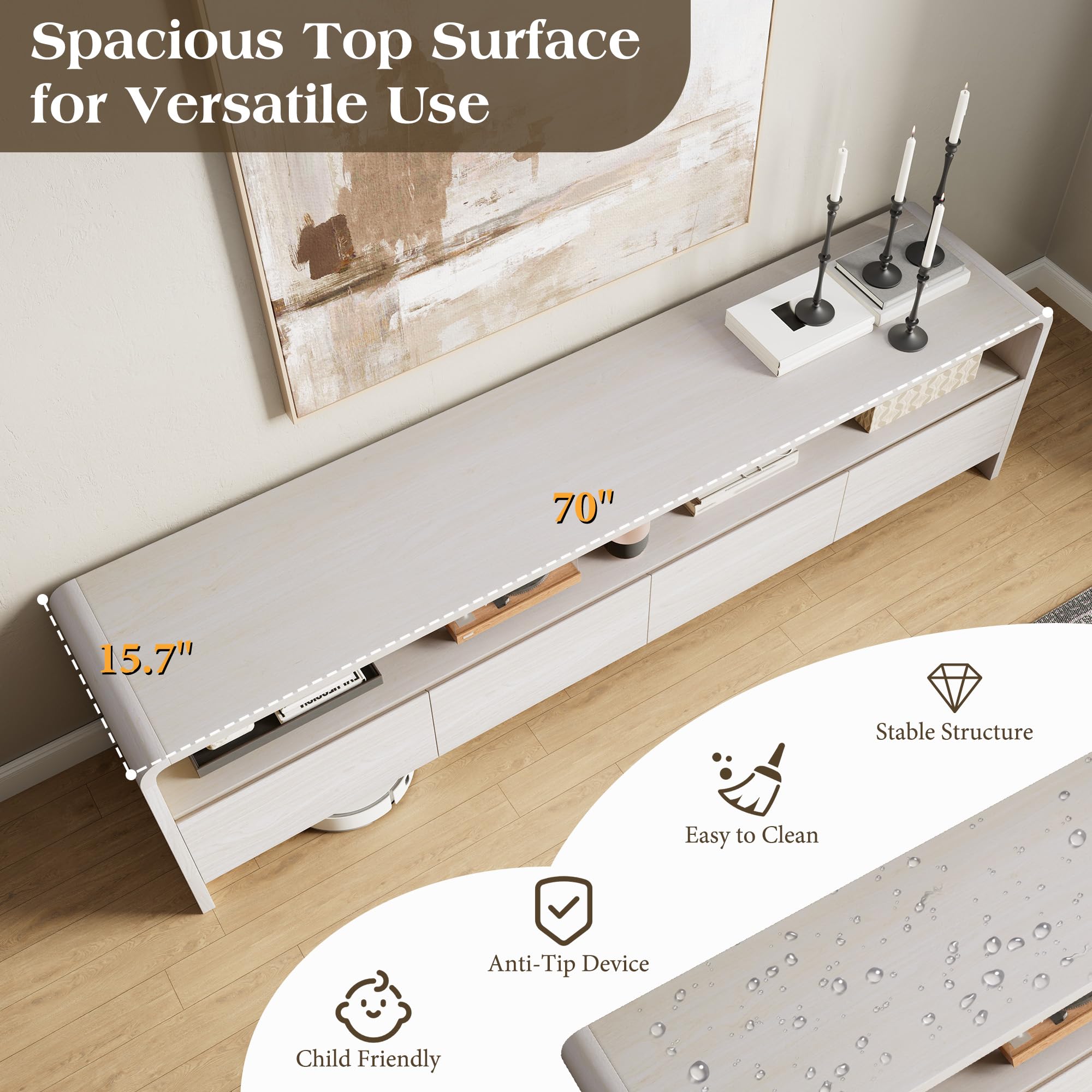 70" Wood TV Stand with Curved Edge for TVs up to 80"
