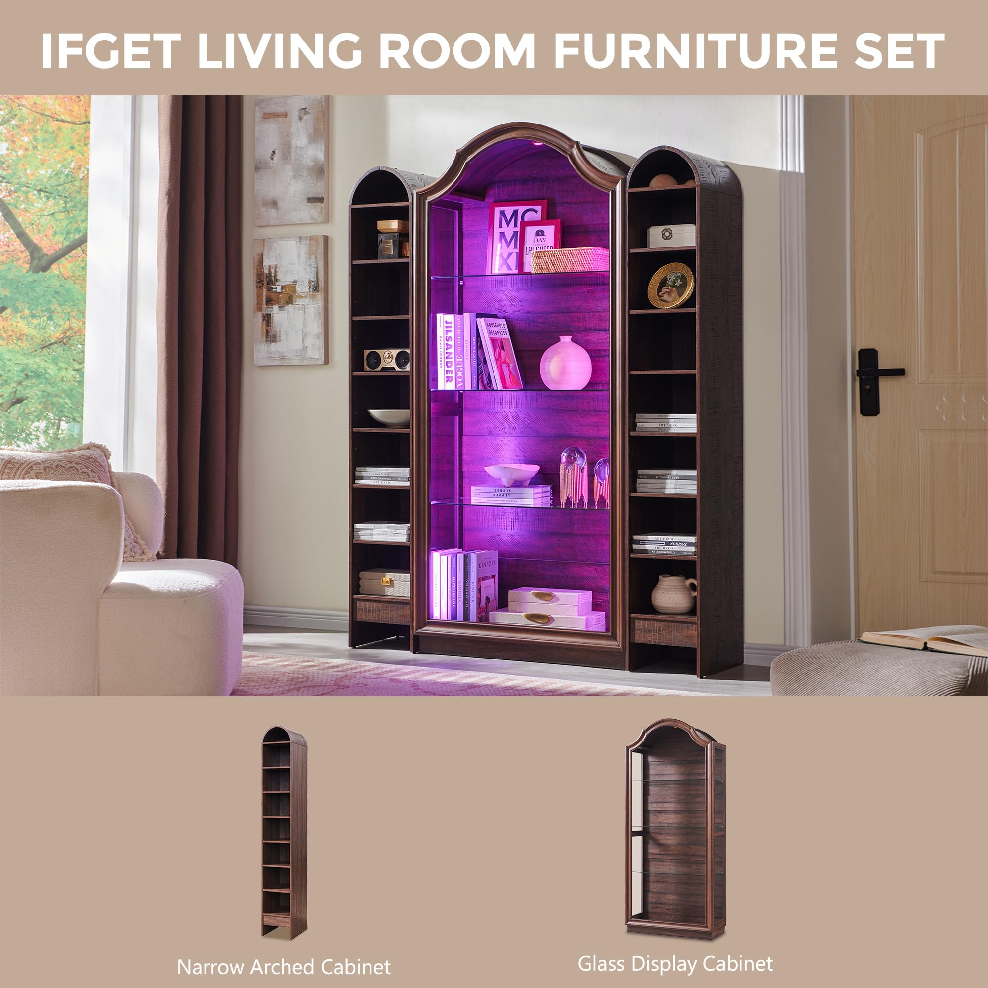 Arched Glass Display Cabinet with LED Lights