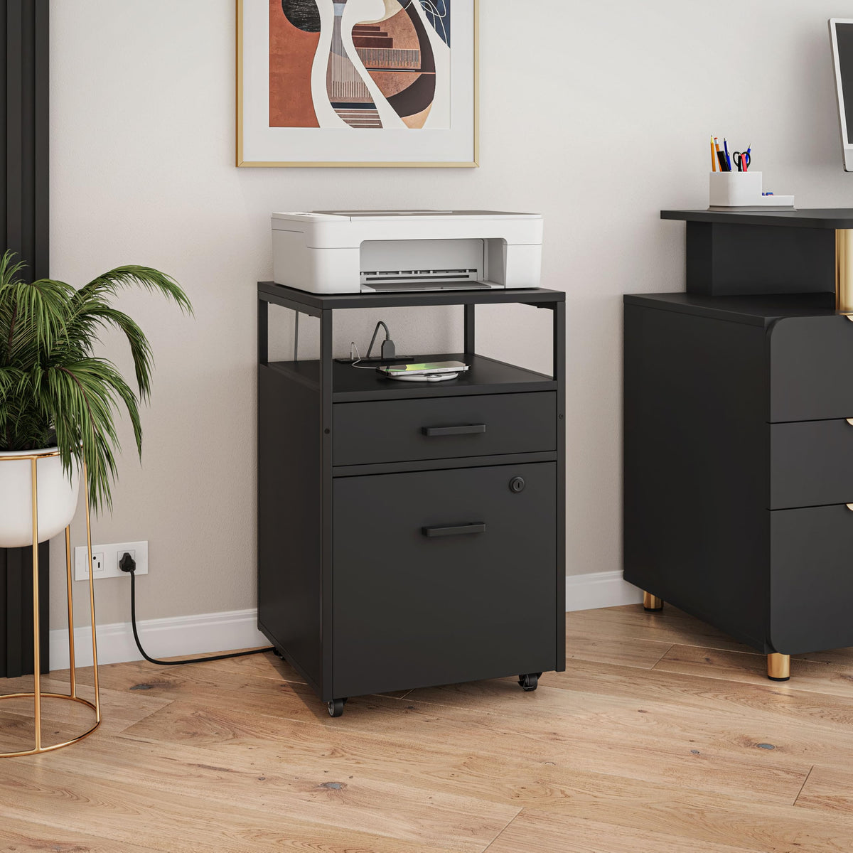 2-Drawer Rolling File Cabinet with Lock and USB Charging Ports