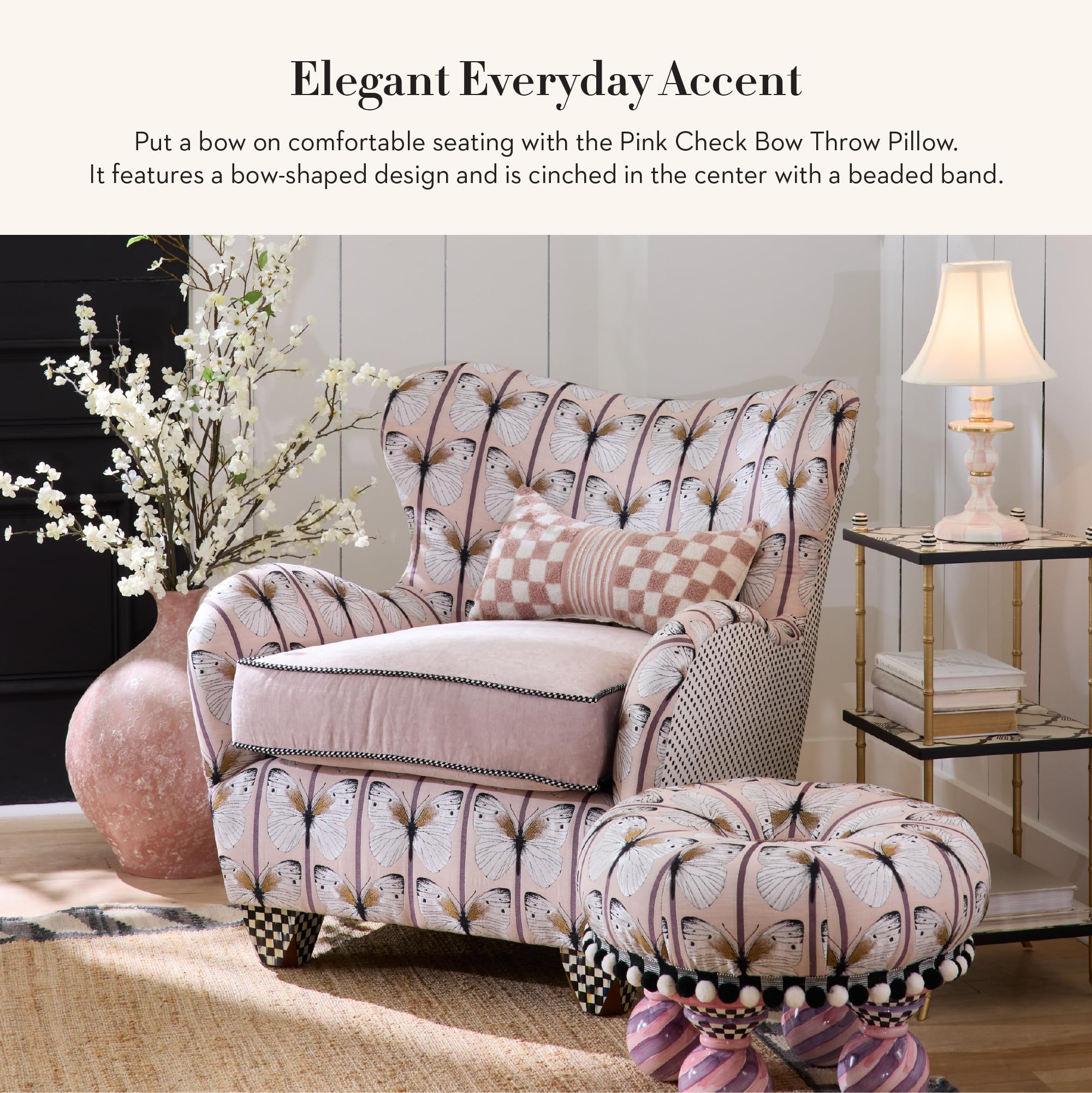 Lumbar Throw Pillow - Pink Check Bow - 11x20