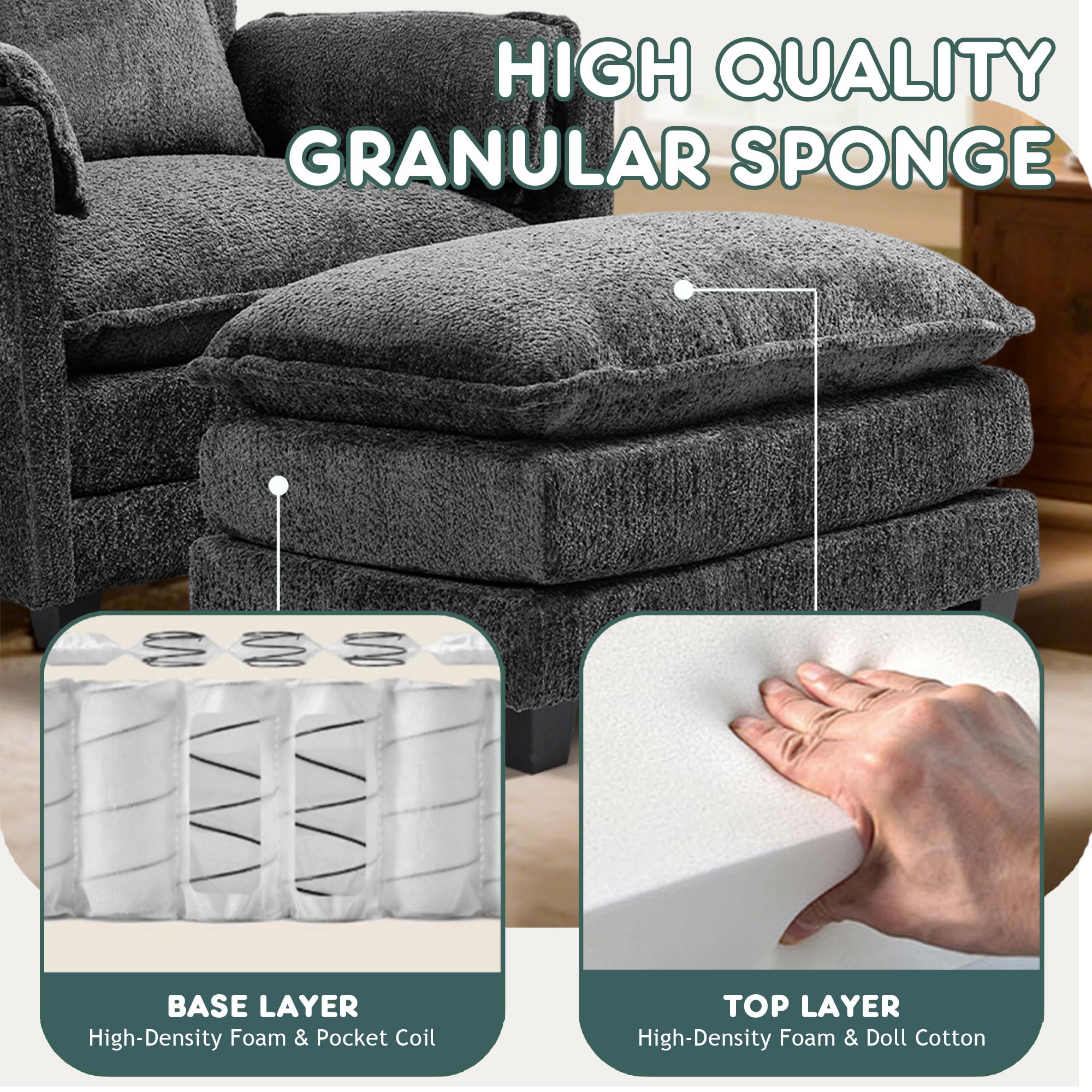 KEIKI Boucle Oversized Reading Chair with Storage & Ottoman, 40" W Modern Accent Chair W/Double Deep Cushion Seating, Comfy Upholstered Single Sofa Lounge Armchair for Living Room, Bedroom, Drak Grey