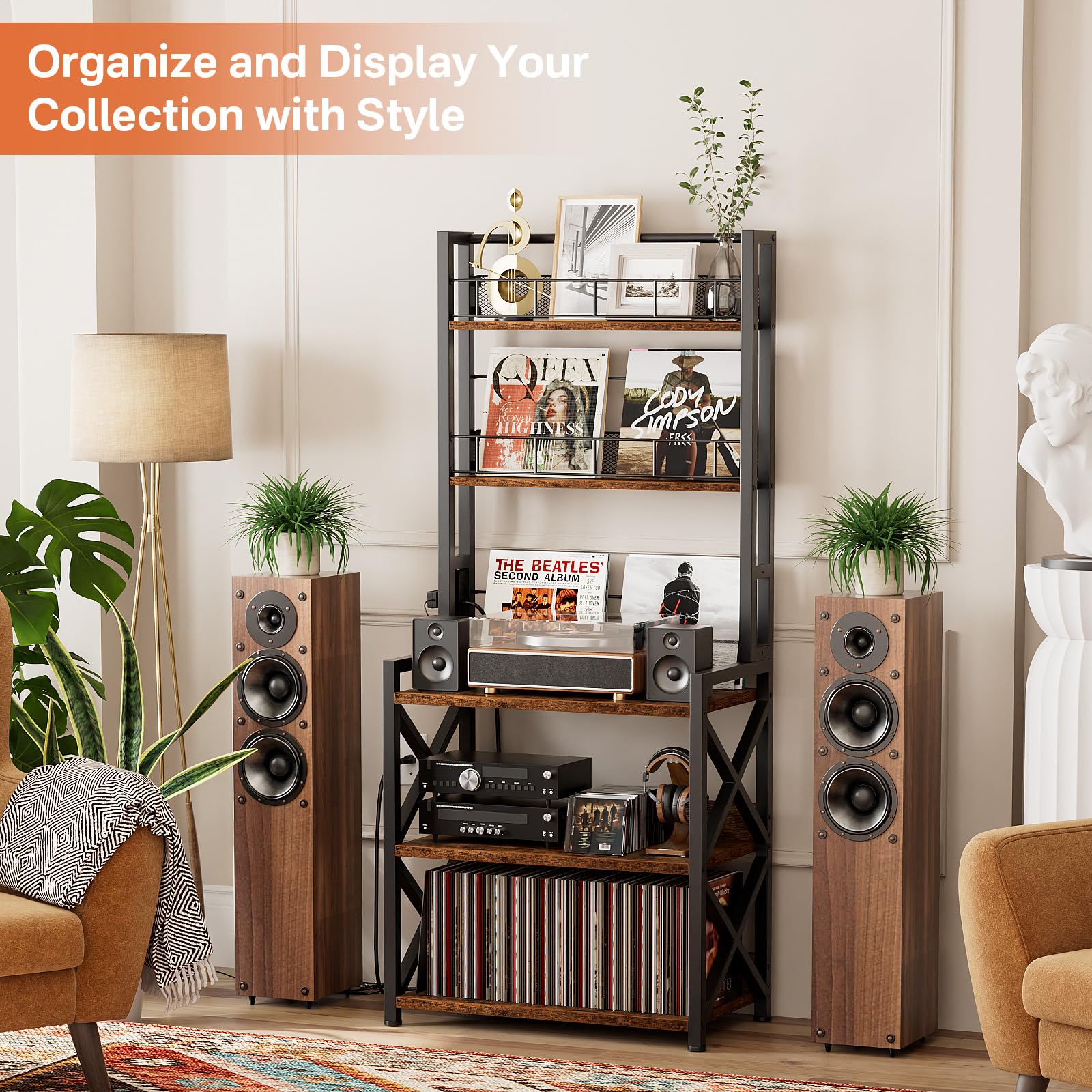 5-Tier Vinyl Record Storage Rack with Turntable Stand