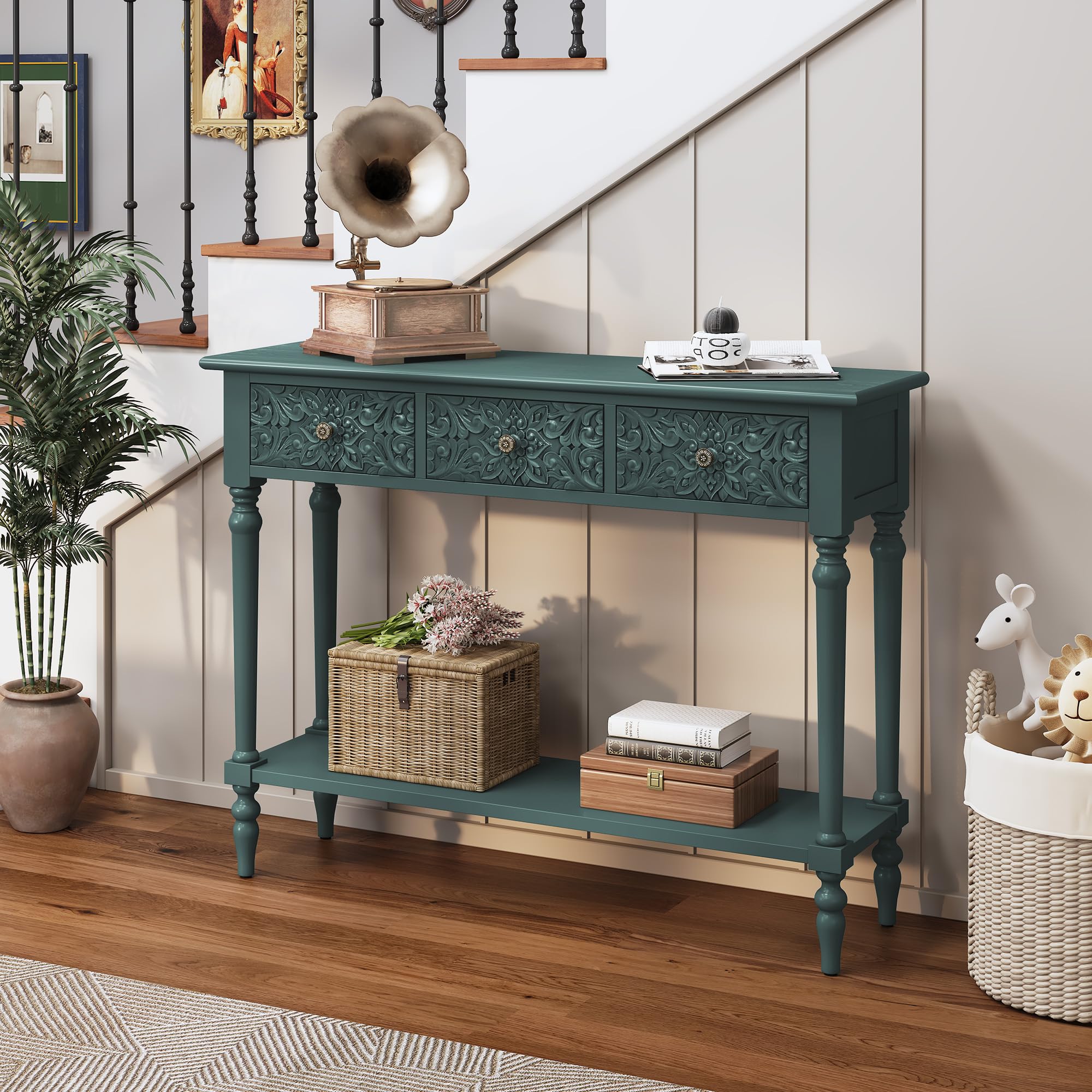Entryway Console Table with 3 Drawers and Open Shelf