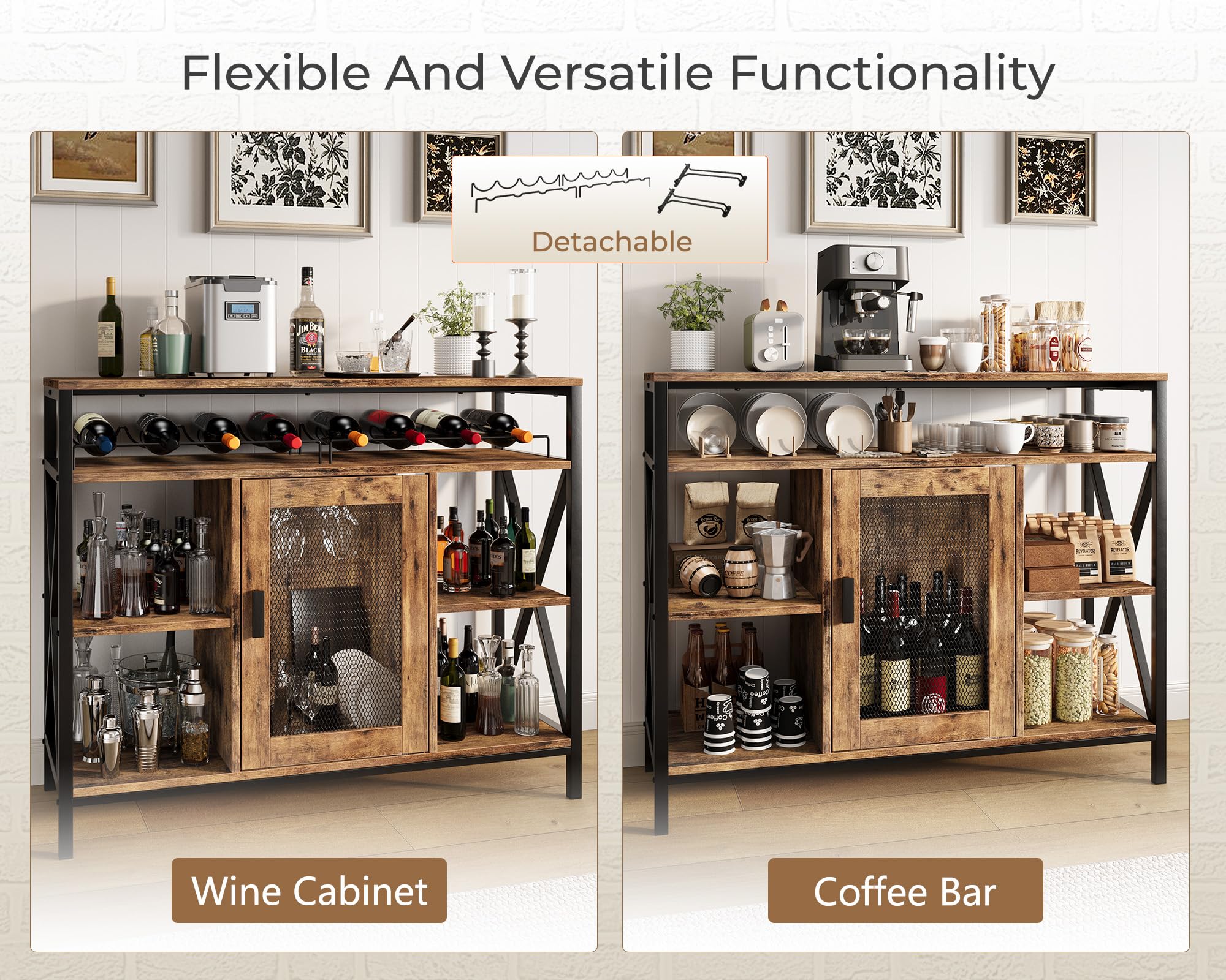 Industrial Wine Bar Cabinet with Wine Rack and Stemware Holder