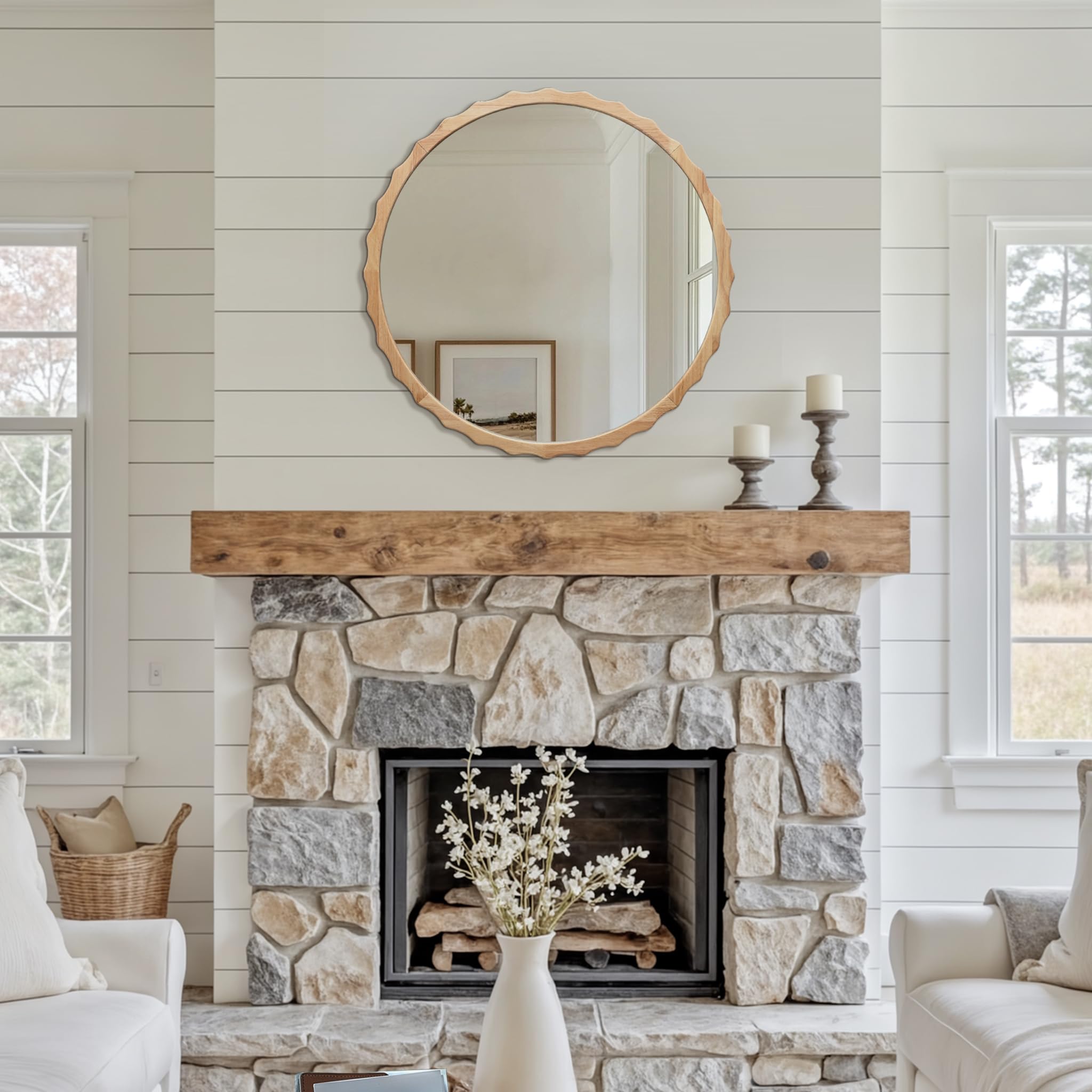 32" Round Wall Mirror with Natural Rubberwood Scalloped Frame