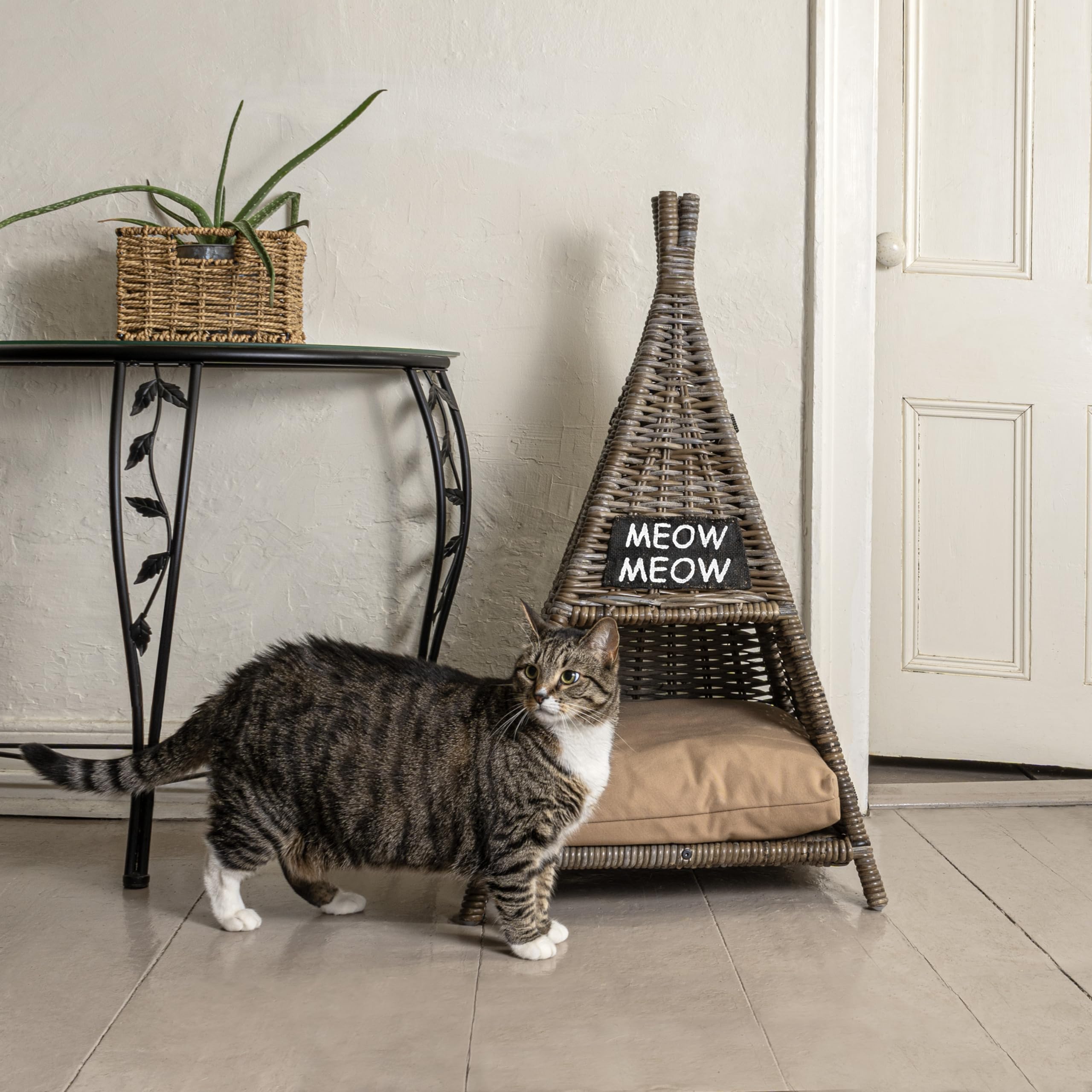 Tiki Tent Coastal Handwoven Rattan Cat Bed with Washable Cushion