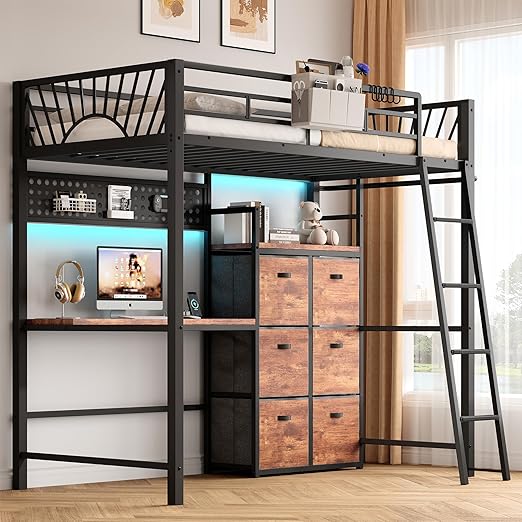 Metal Loft Bed Twin Size with Bedside Caddy and Convertible Ladder