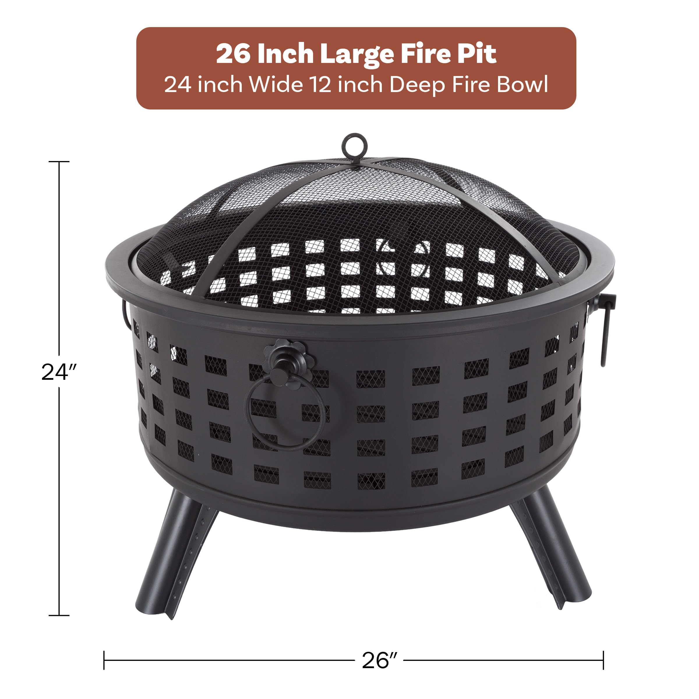 26-Inch Round Lattice Wood Burning Fire Pit with Screen and Cover