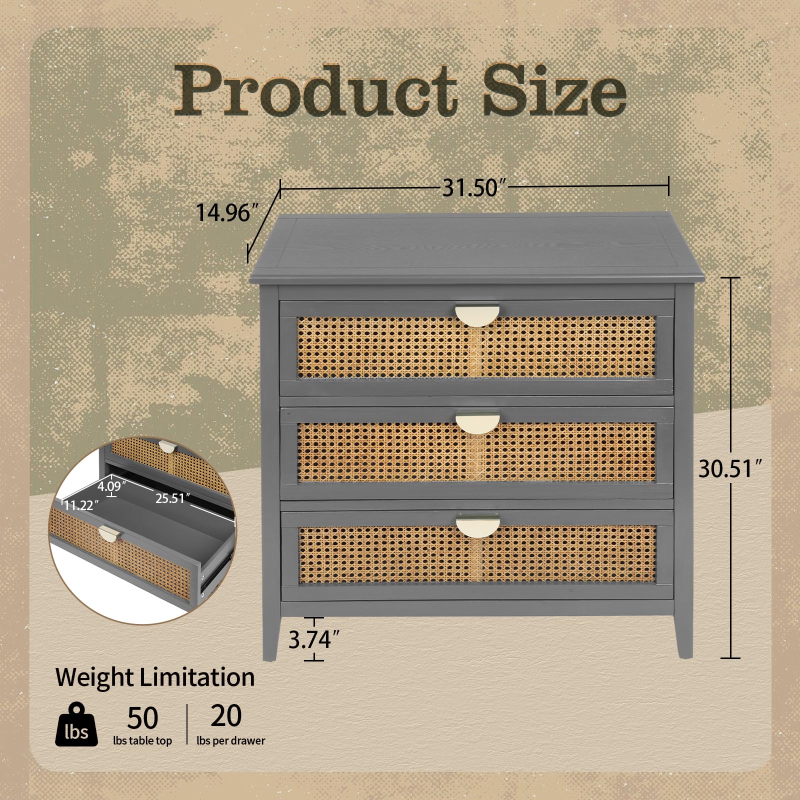 Rattan 3 Drawer Dresser with Storage Cabinet