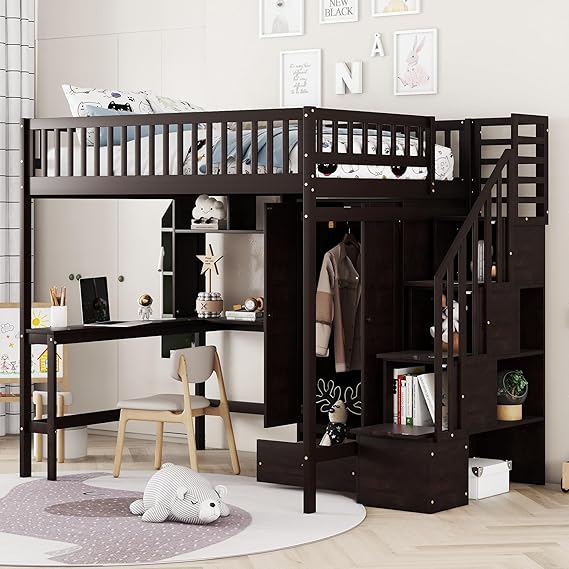 Full Size Loft Bed with Stairway, Wardrobe, Desk and Drawers