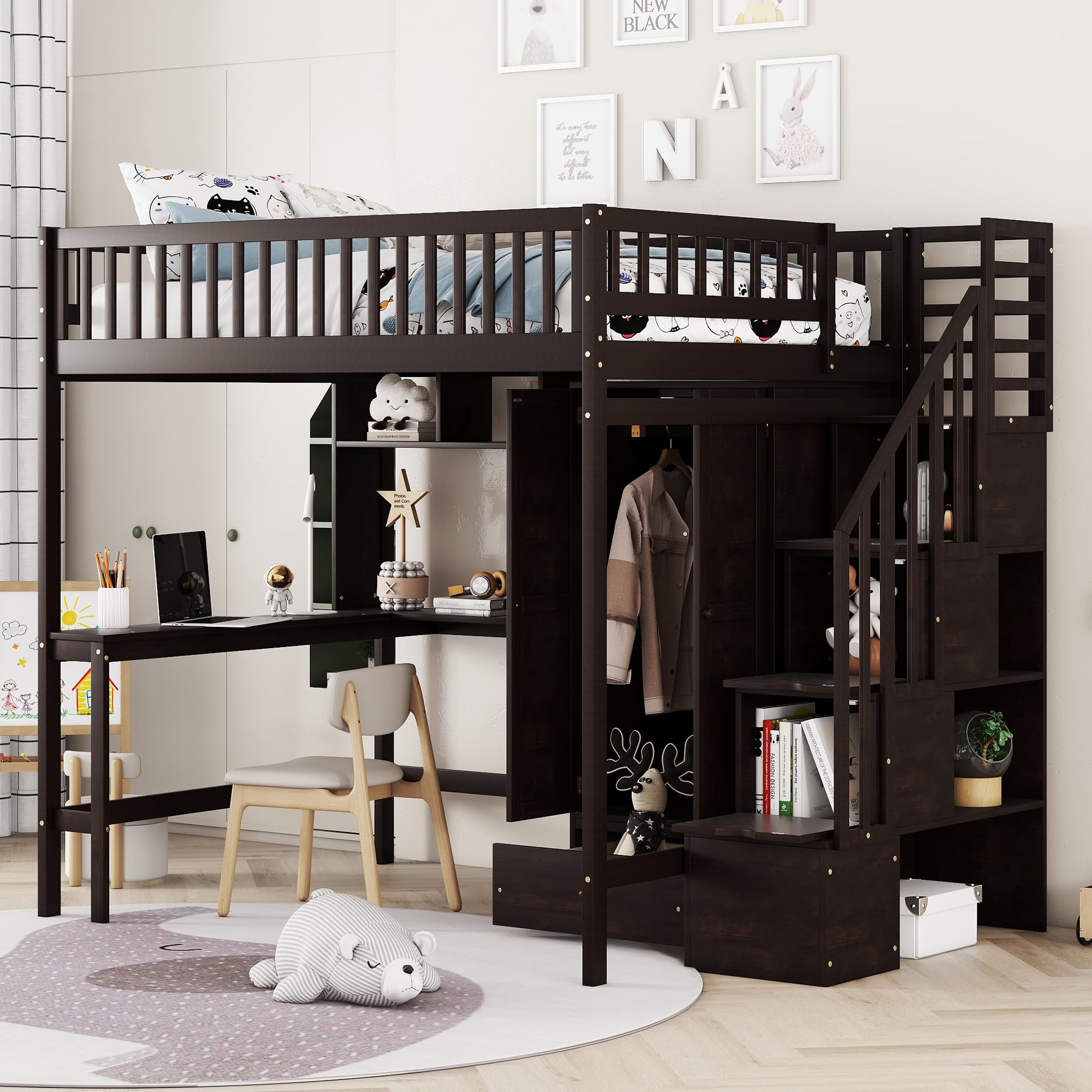 Full Size Loft Bed with Stairway, Wardrobe, Desk and Drawers
