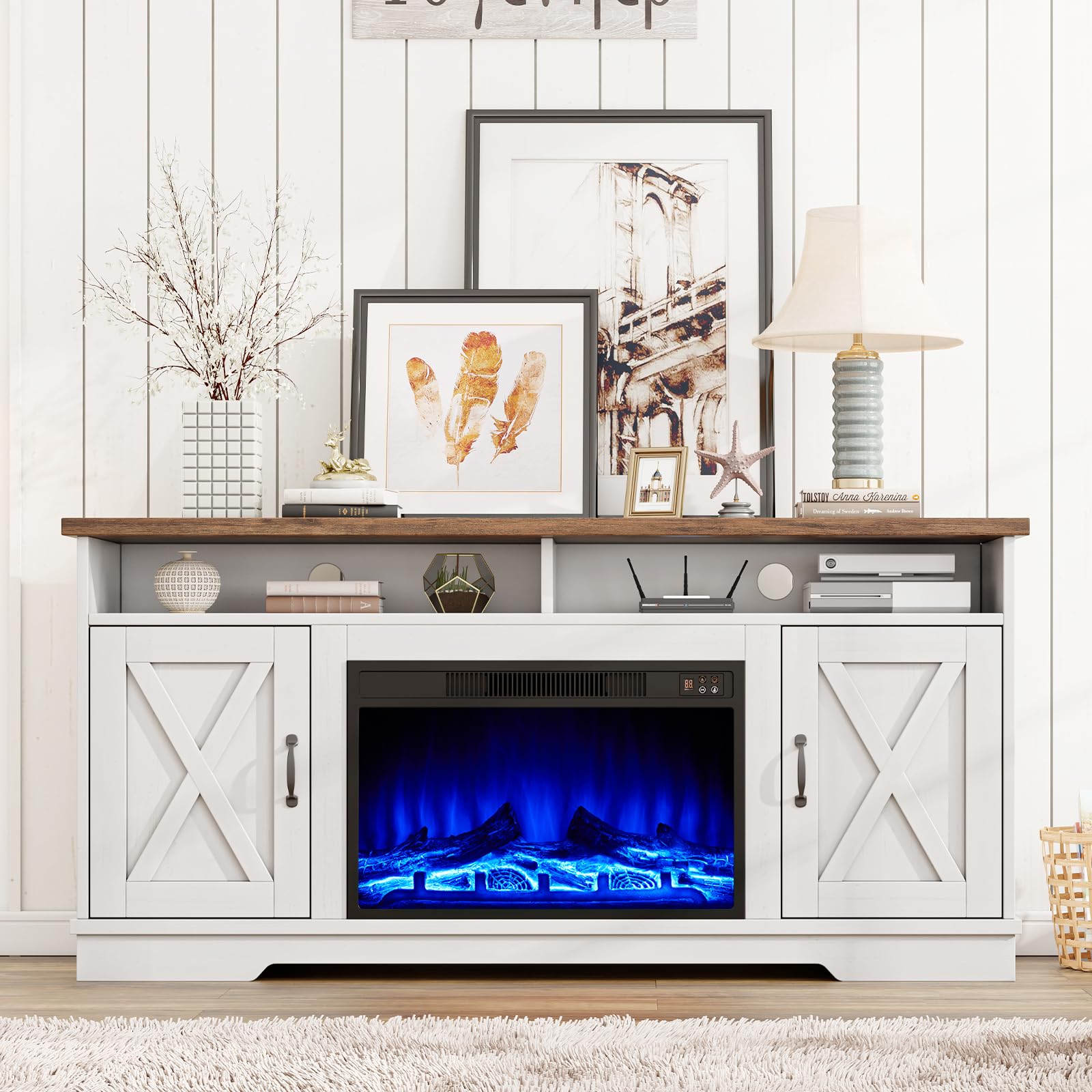 63" Farmhouse TV Stand with 26" Electric Fireplace
