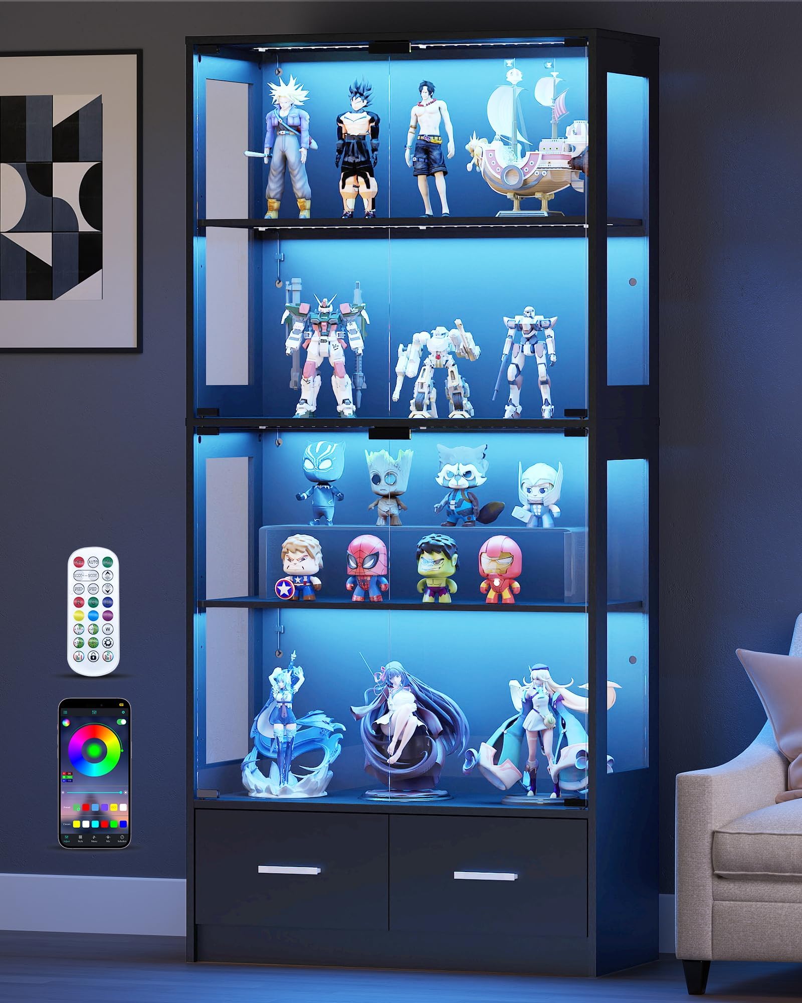 67" Glass Display Cabinet with RGB LED Lights & 2 Drawers