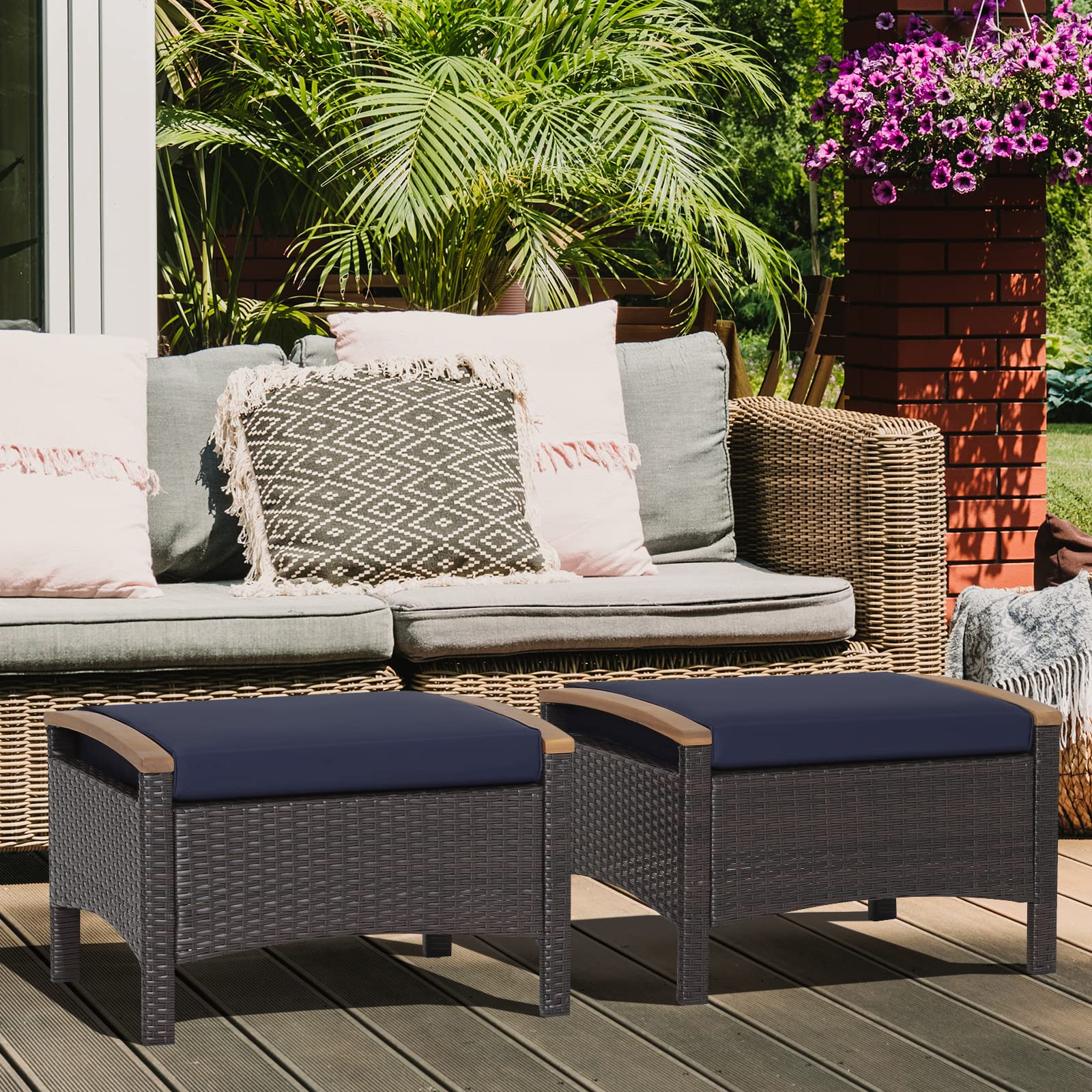 Outdoor Wicker Ottomans - 2 Piece PE Rattan Footrest Set with Cushions