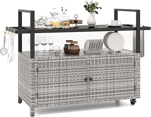 Outdoor Rolling Bar Cart with Tempered Glass Top