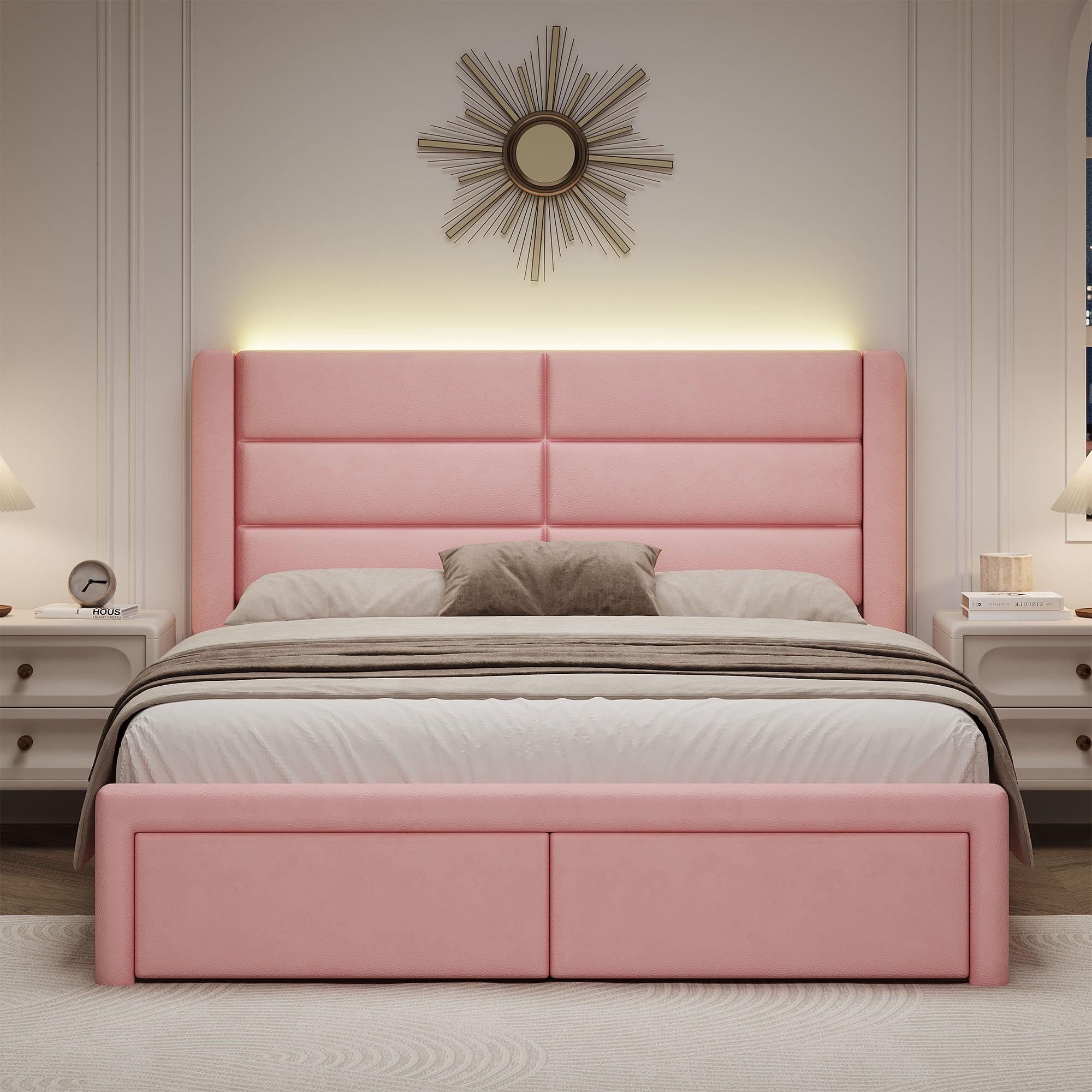 Queen Upholstered Bed Frame with Headboard and LED Lights, Modern Faux Leather Bed Frame with Wooden Slats Support and Heavy Duty Mattress Foundation, No Box Spring Needed, Easy Assembly, Pink