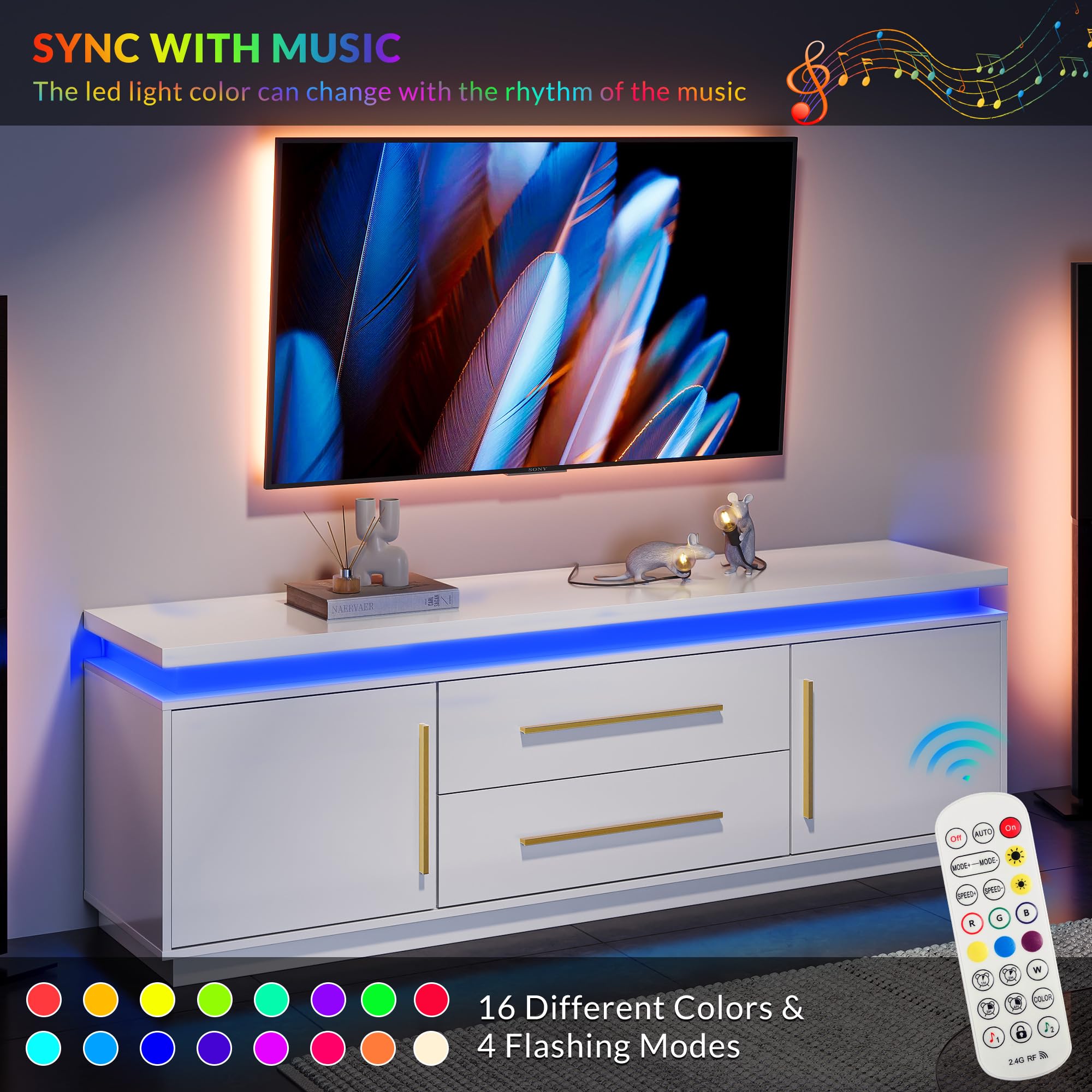 67" TV Stand with LED Lights and Storage