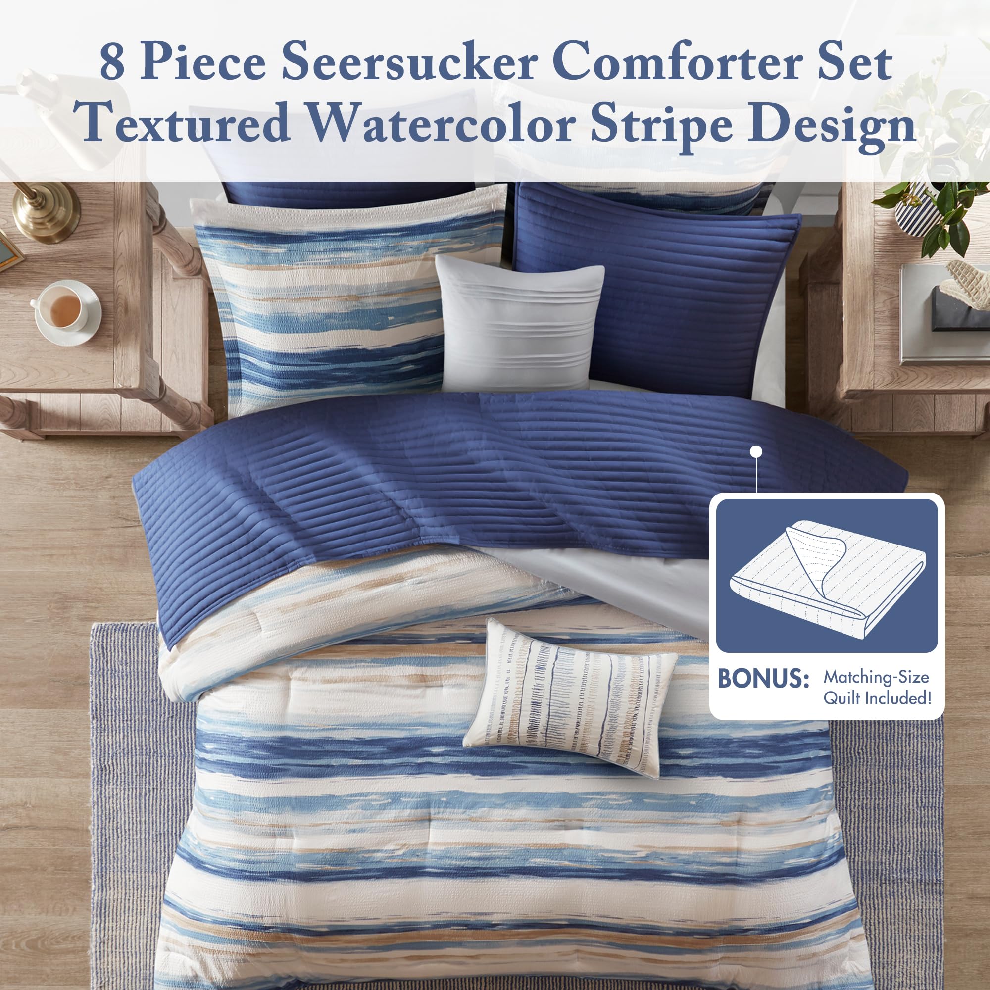 Seersucker Comforter and Coverlet Set King 8 Piece
