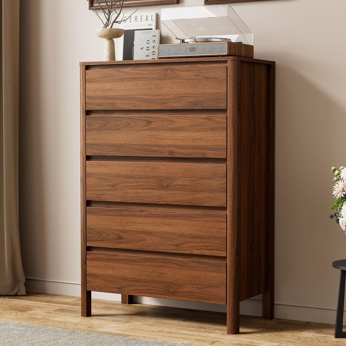 5-Drawer Tall Wood Dresser with Legs – Mid-Century Modern Walnut Chest of Drawers, 45.6"