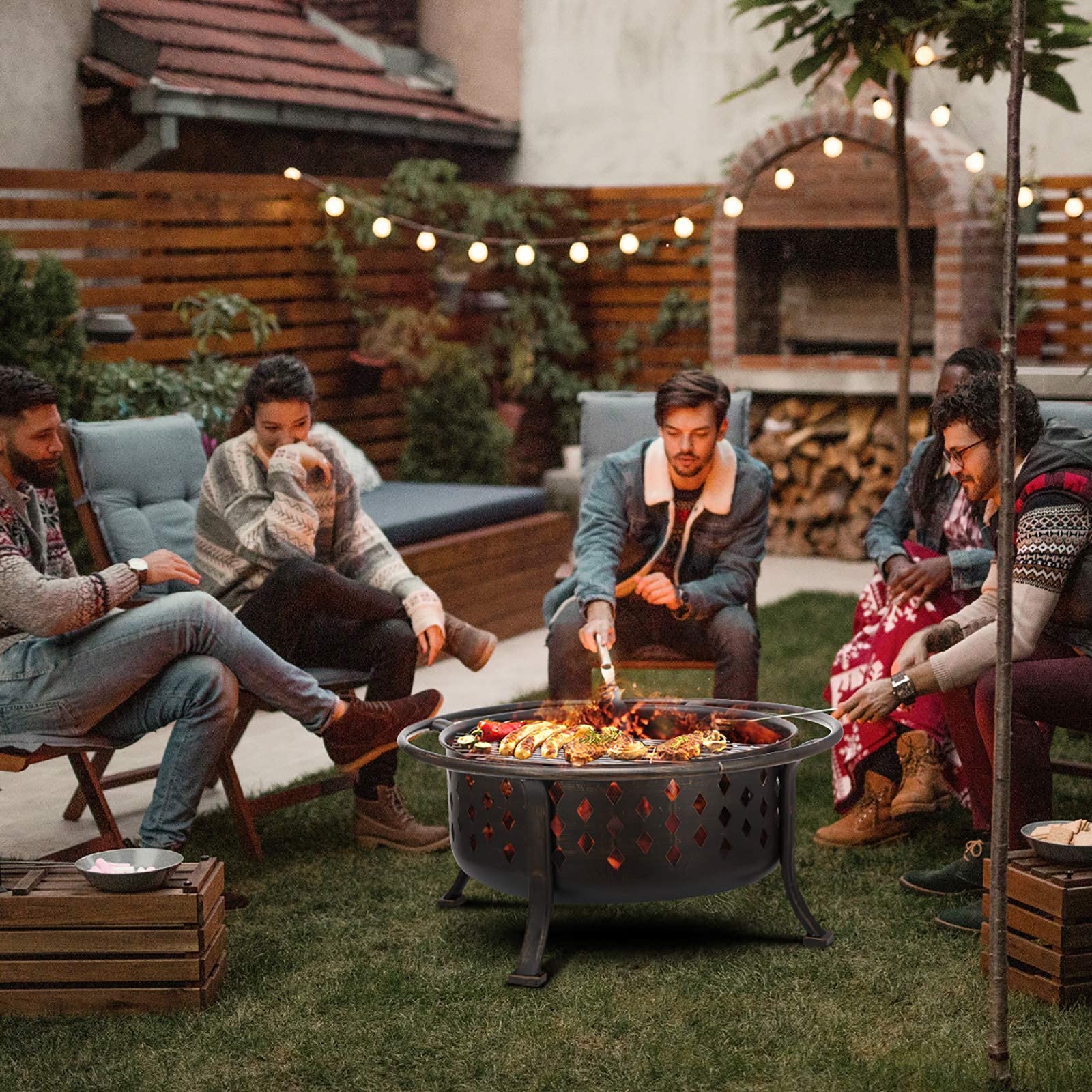 36 Inch Outdoor Wood Burning Fire Pit with BBQ Grate