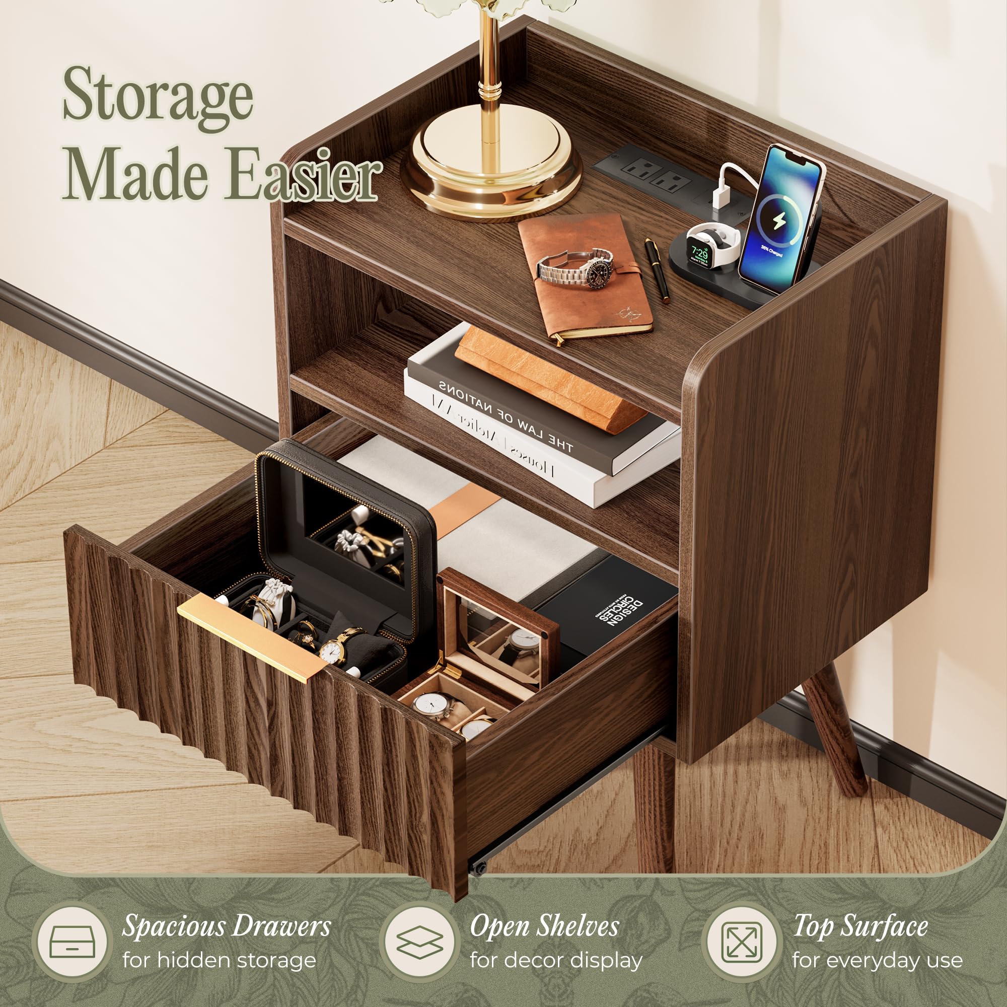 Fluted Nightstand with Charging Station and Drawer