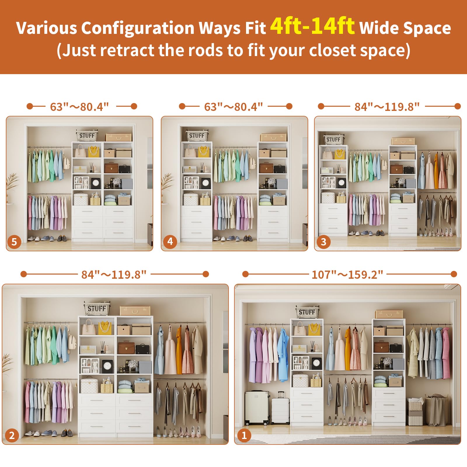 Closet Organizer System with 6 Drawers and 8 Hanging Rods
