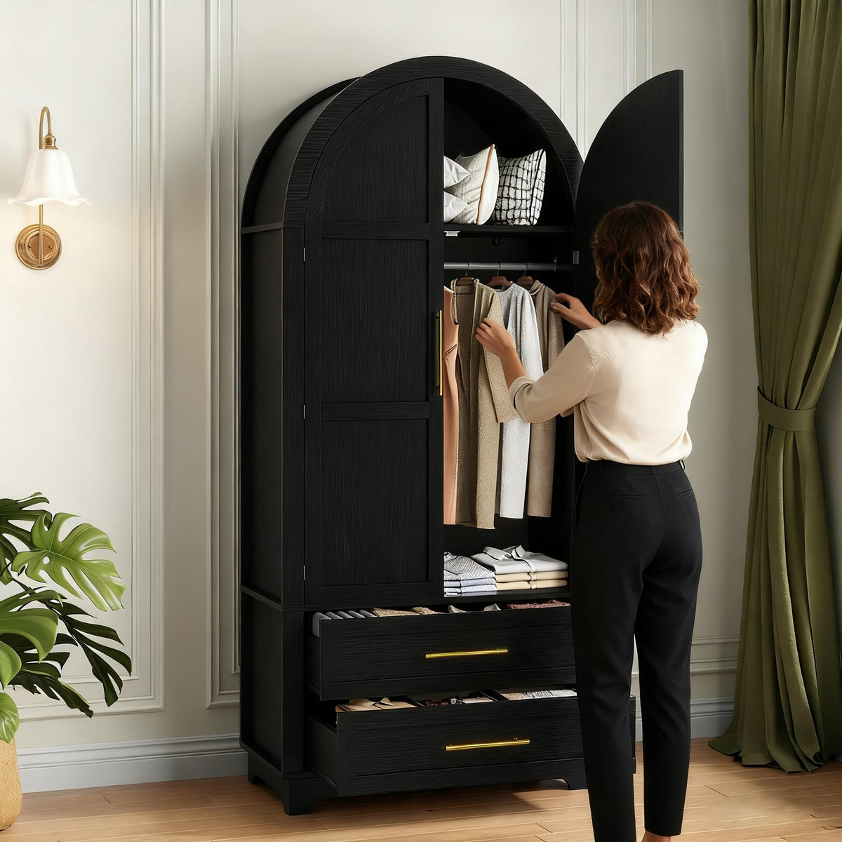 Modern Wardrobe Closet with 2 Drawers and Arched Doors