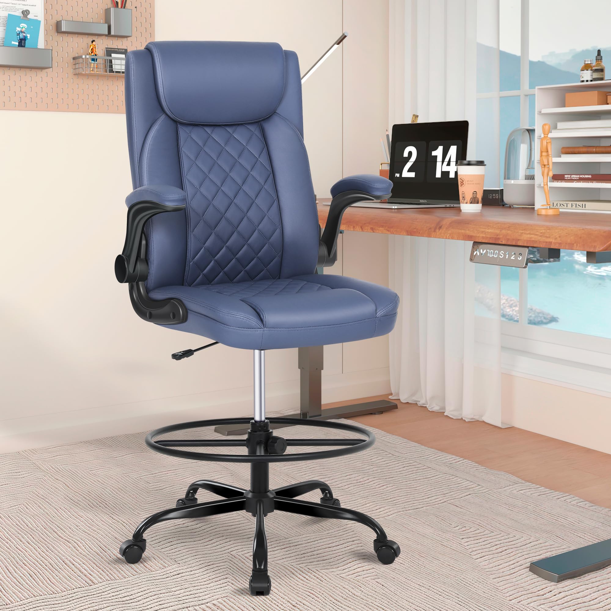 Leather Drafting Chair with Adjustable Height and Flip-Up Armrest