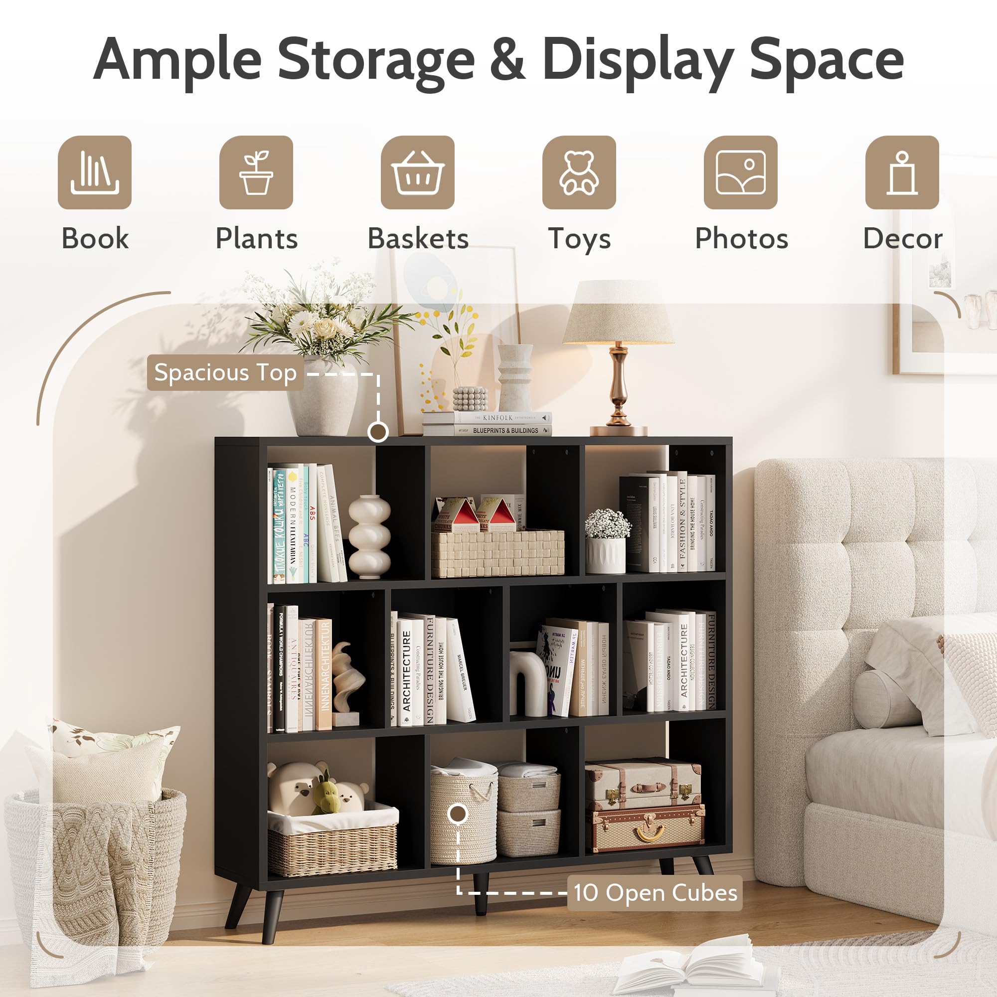 10-Cube Bookshelf with Solid Wood Legs