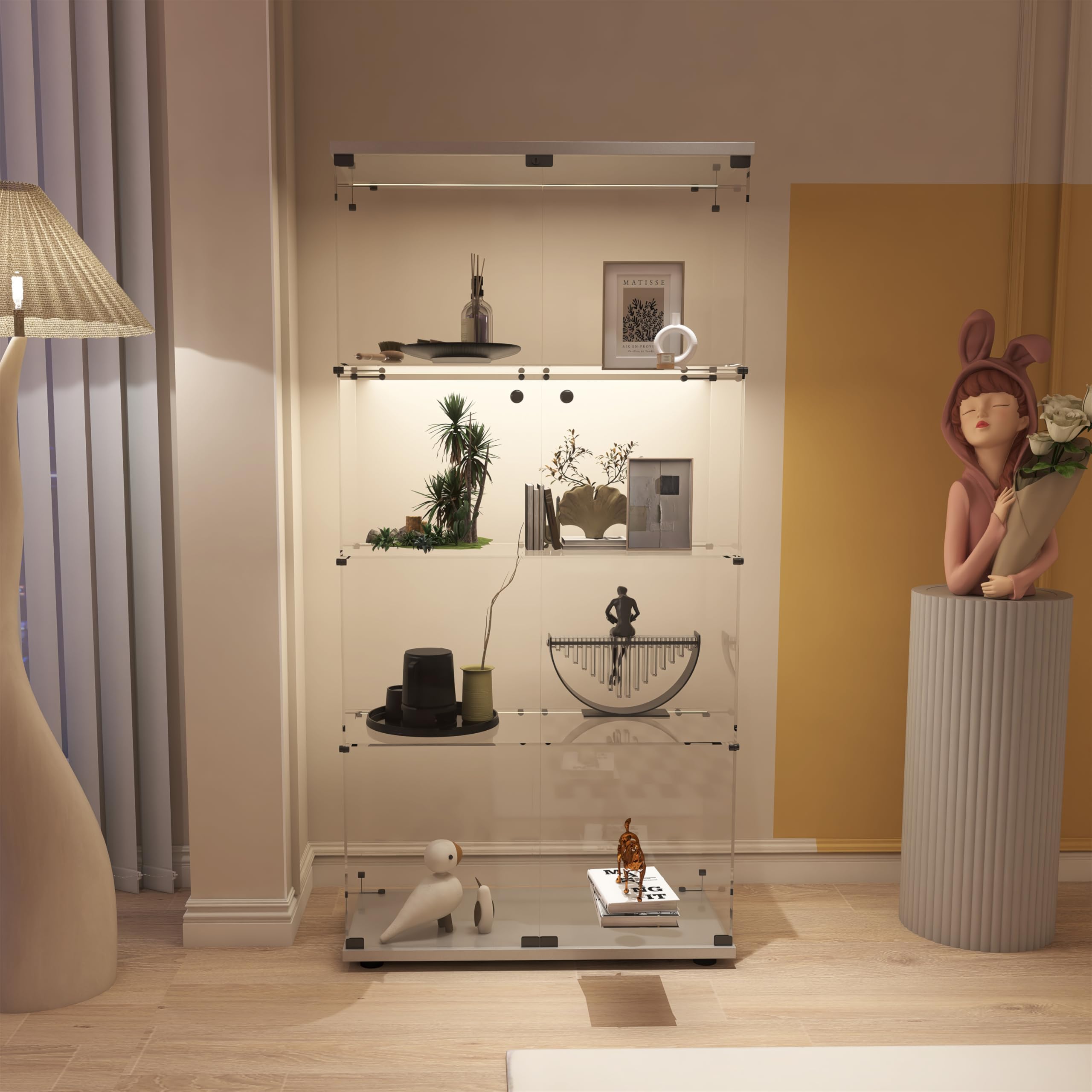 Tempered Glass Display Cabinet with LED Lights & Lockable Doors