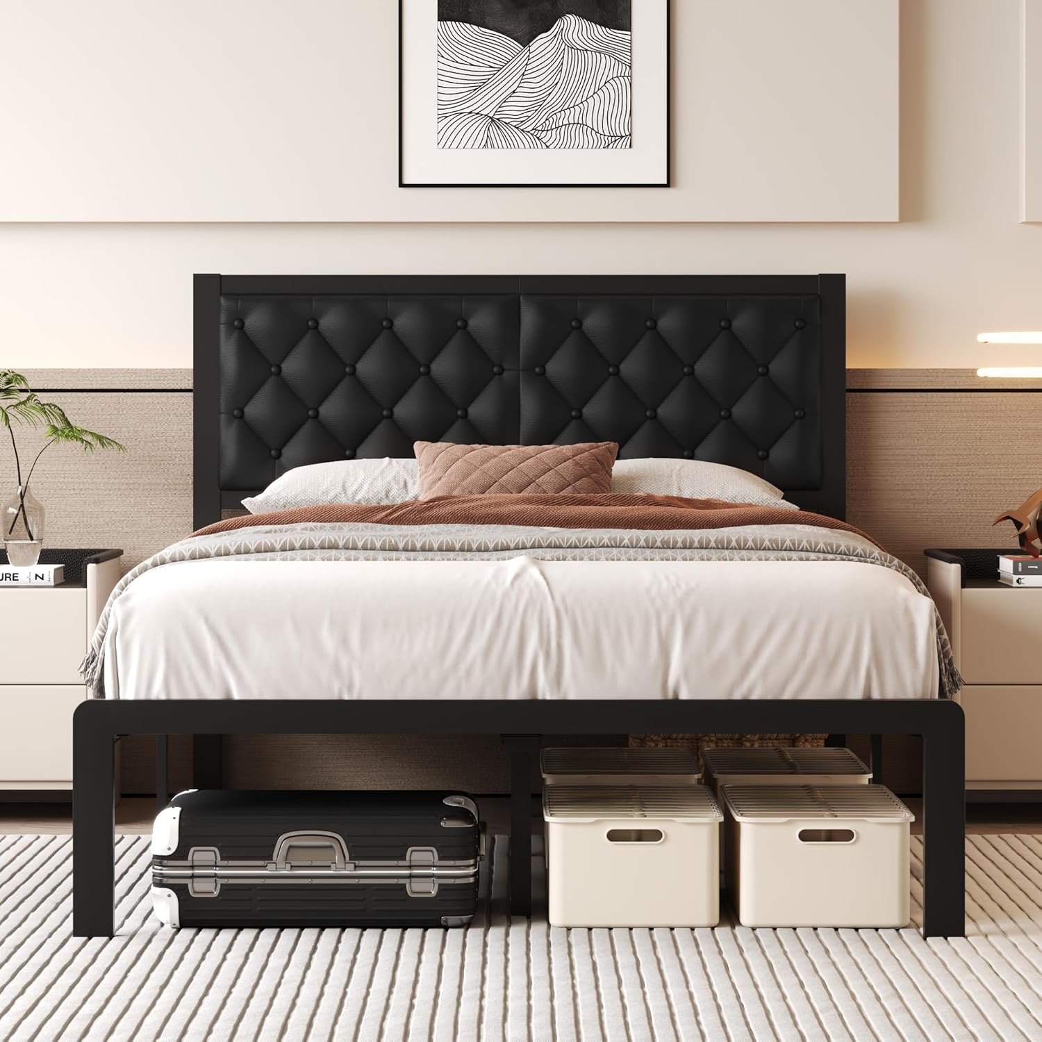 Queen Bed Frame with PU Leather Upholstered Headboard