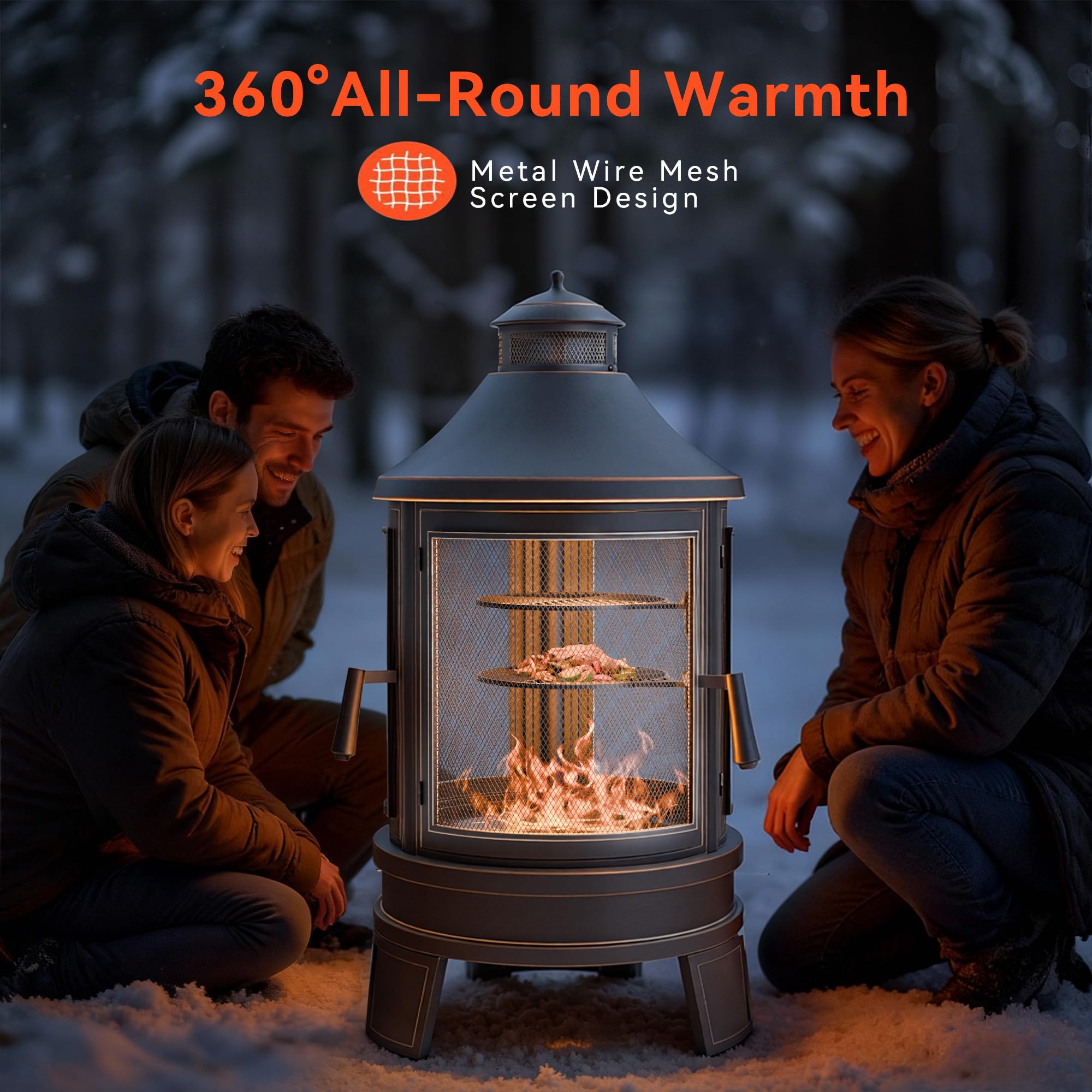 24 Inch Metal Outdoor Fire Pit Wood Burning Chiminea with Grill Tray