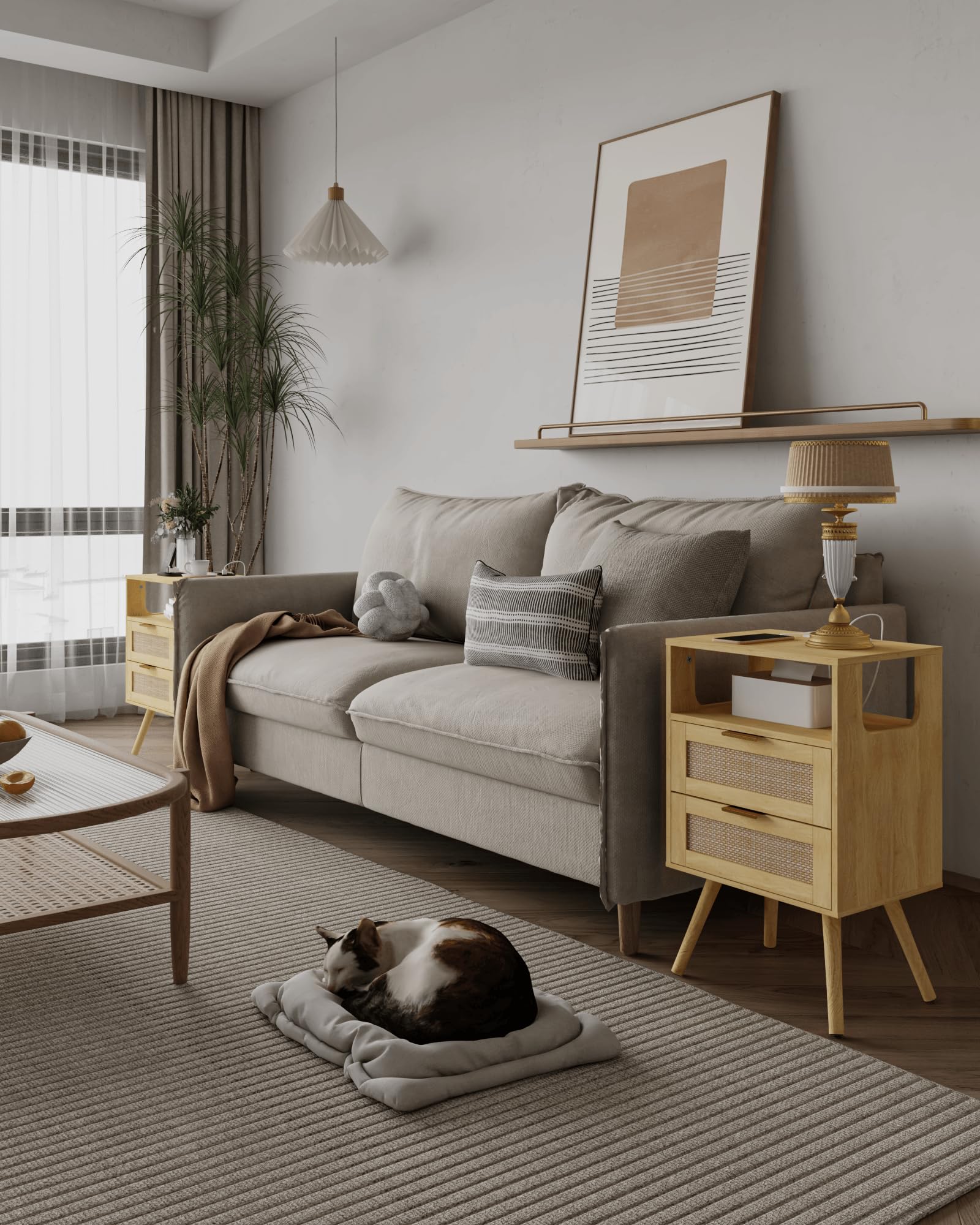 Rattan Nightstand with Charging Station