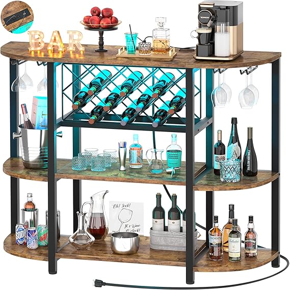 Wine Bar Cabinet with LED Light and Charging Station