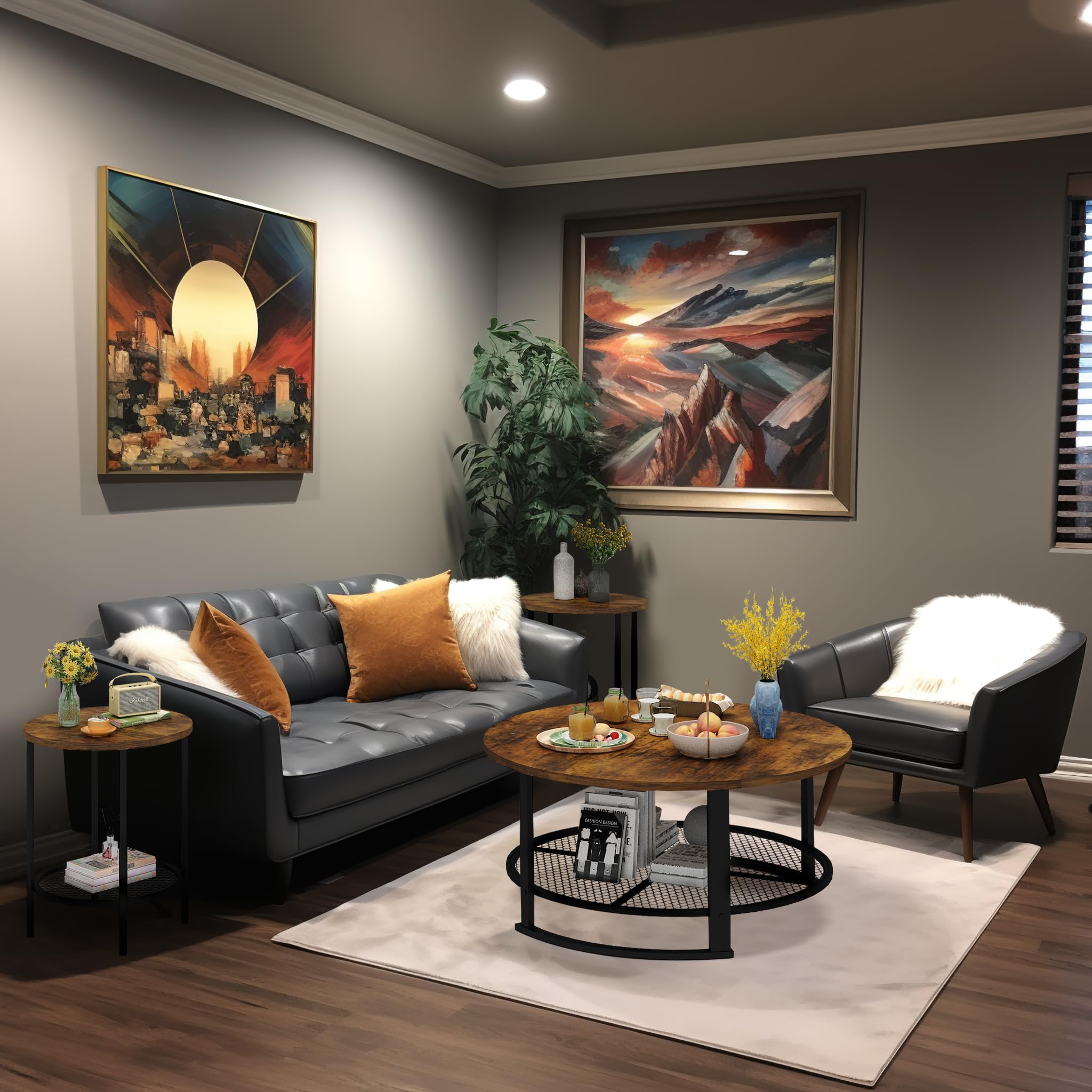 Round Coffee Table and End Table Set of 3 with Storage