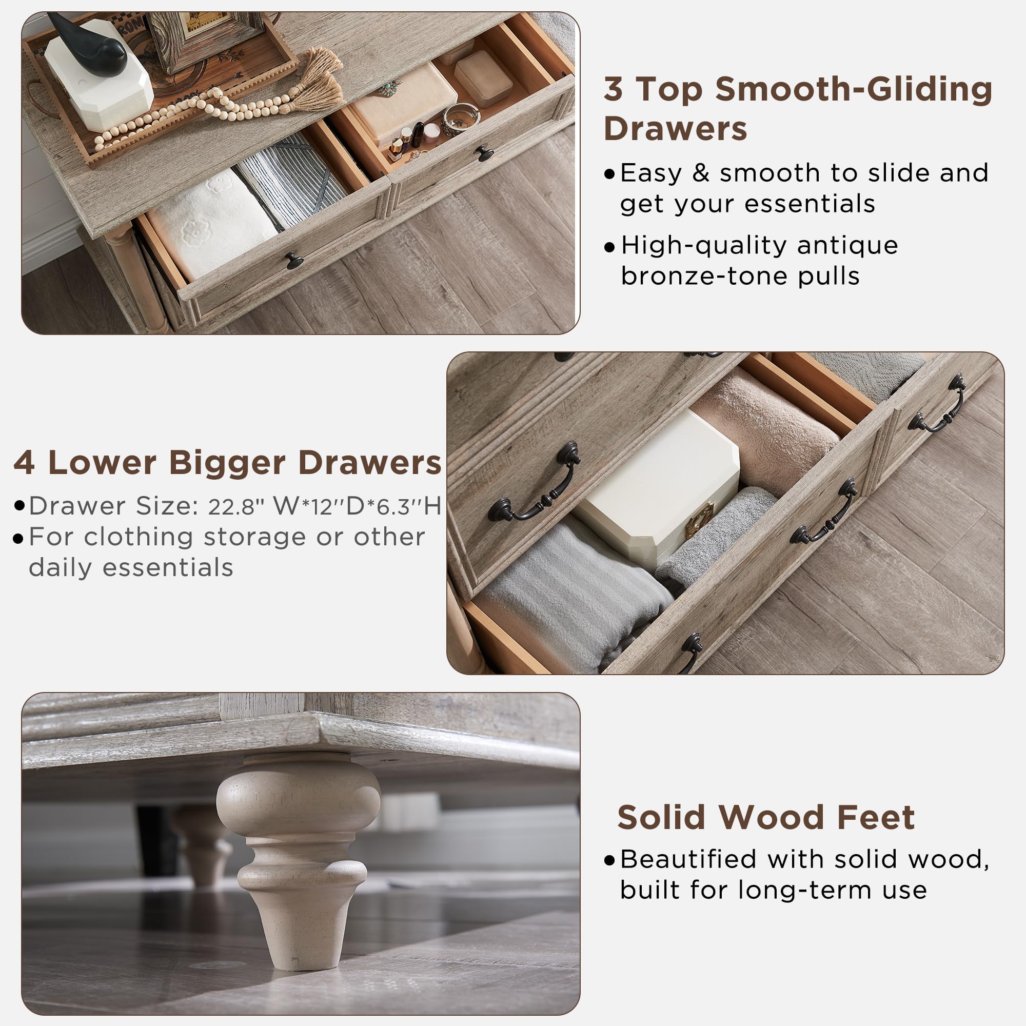7-Drawer Farmhouse Dresser with Solid Wood Feet