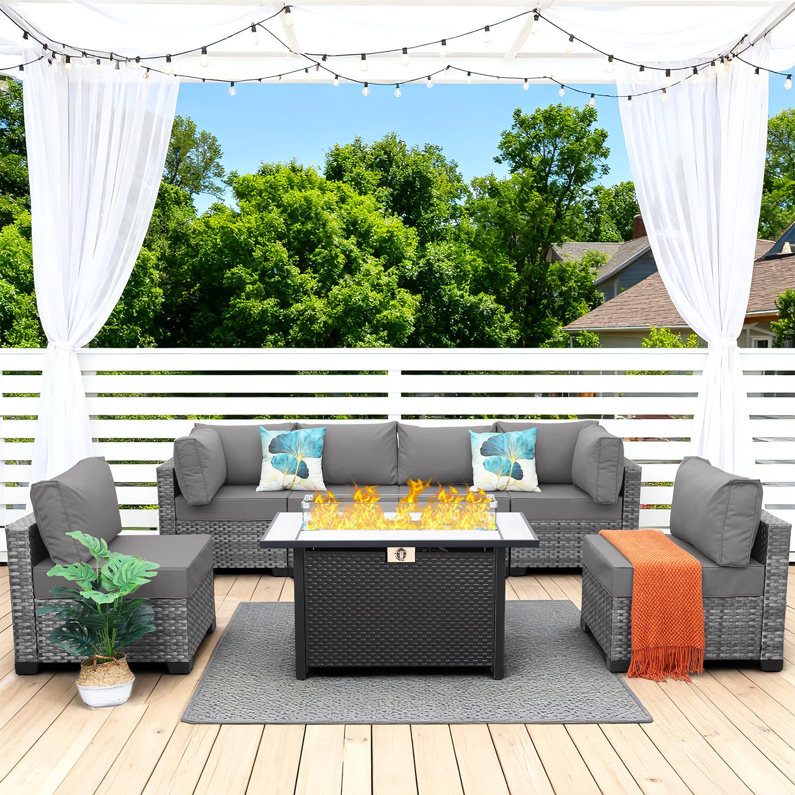 7-Piece Wicker Patio Sectional with Fire Pit