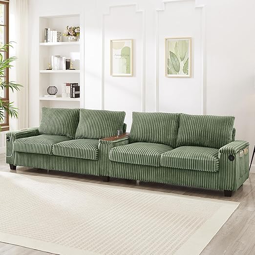 4-Seater Corduroy Sofa with USB Ports and Storage