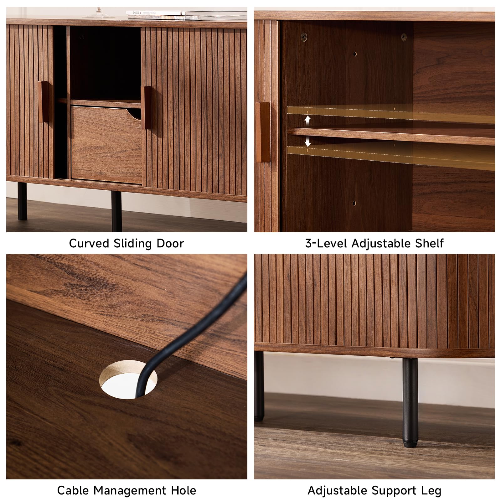 ONBRILL 69" TV Stand with Power Outlet for TVs up to 80", Entertainment Center with Storage and Drawer, TV Console with Adjustable Shelves and Sliding Door, TV Stand for Living Room, Bedroom, Walnut