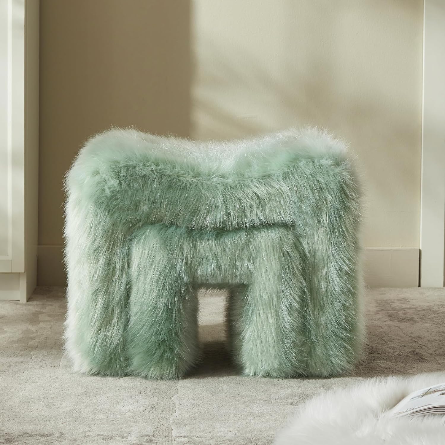 Small Footstool Ottoman Vanity Stool Set White Teddy Velvet 2-in-1