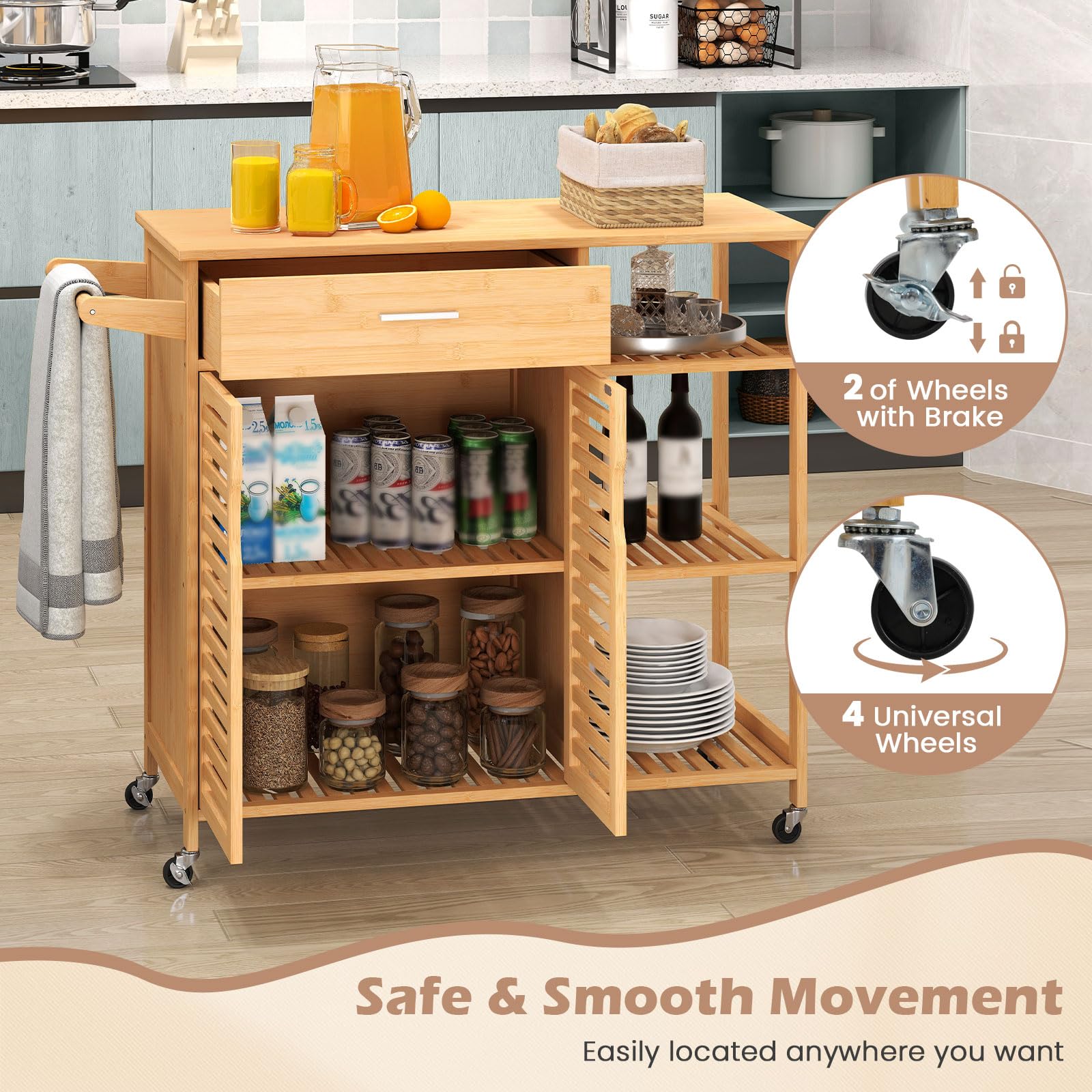 Bamboo Kitchen Island Cart with Storage
