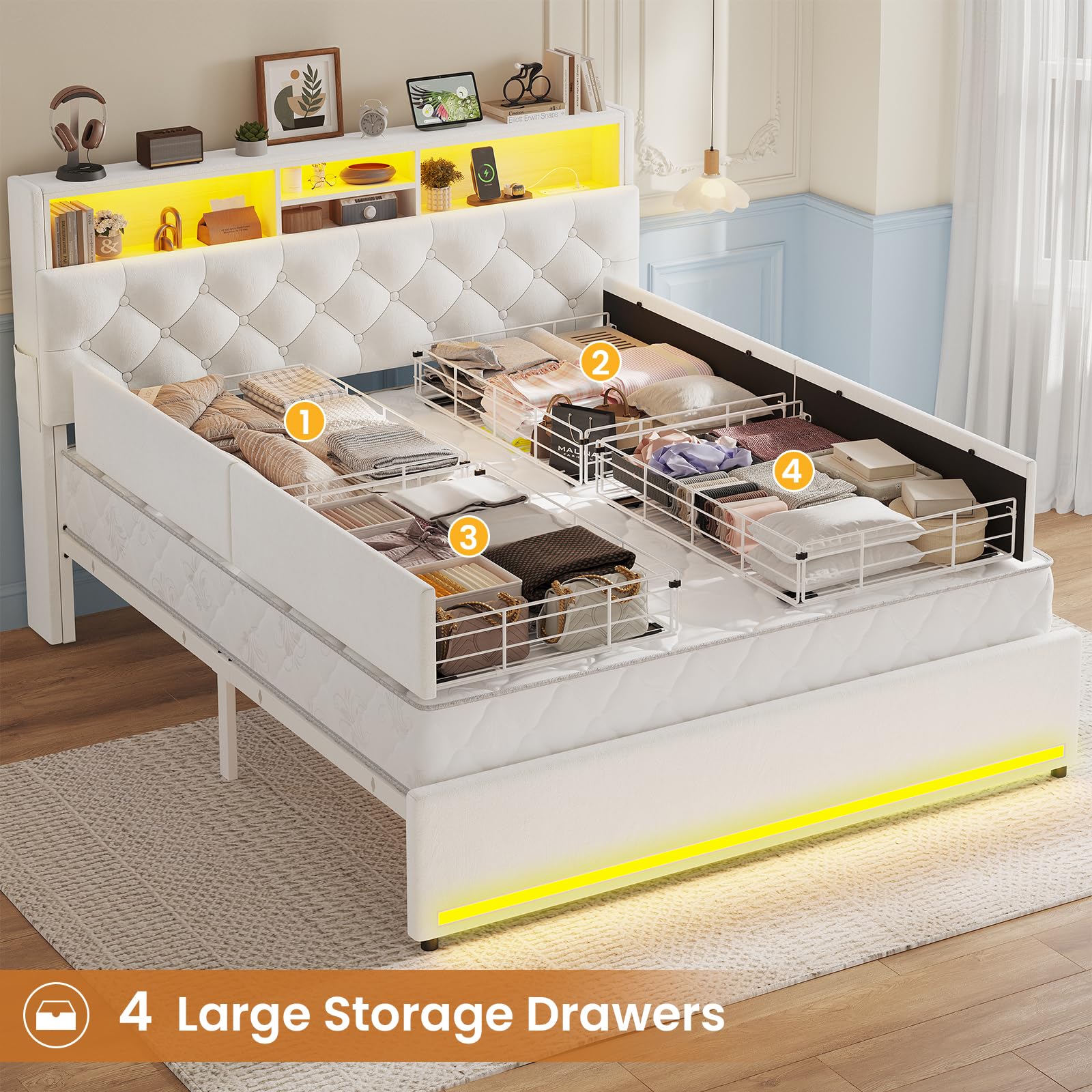Full Size Bed Frame with LED & Storage