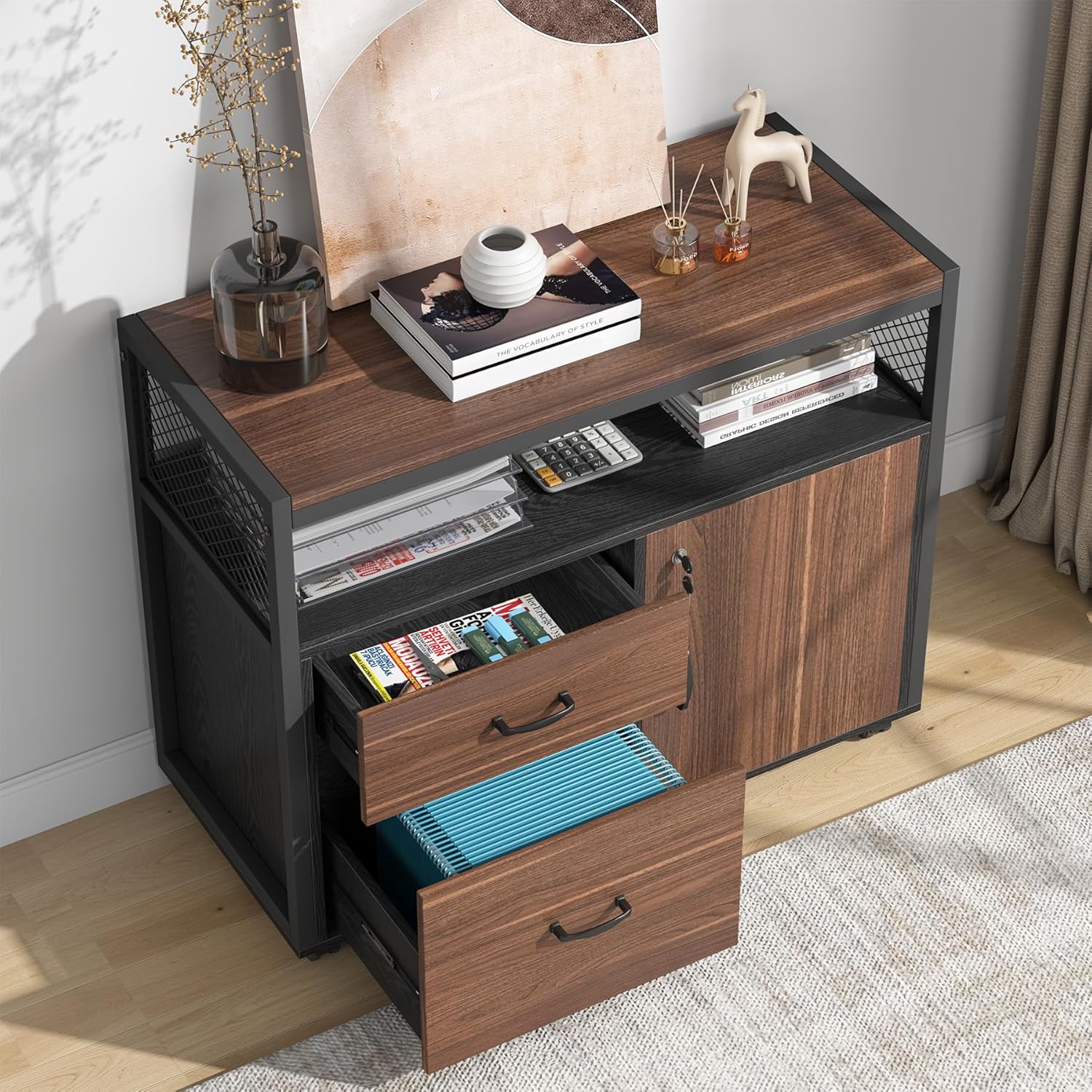 Lockable File Cabinet with Drawers and Rolling Casters