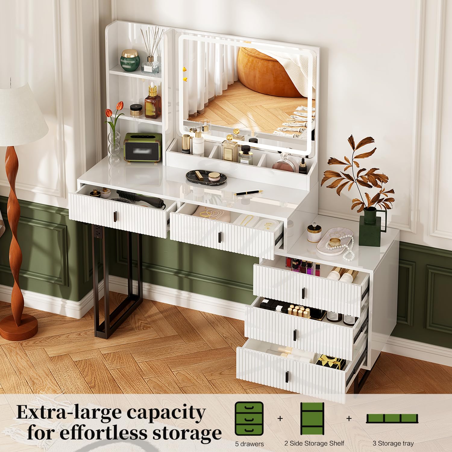 Vanity Desk with Touch Screen Dimming Mirror and Charging Station