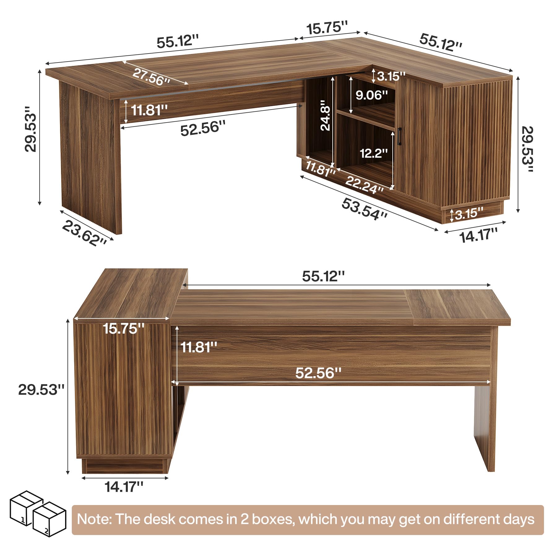 70.8-Inch Fluted Executive L-Shaped Desk with File Cabinet