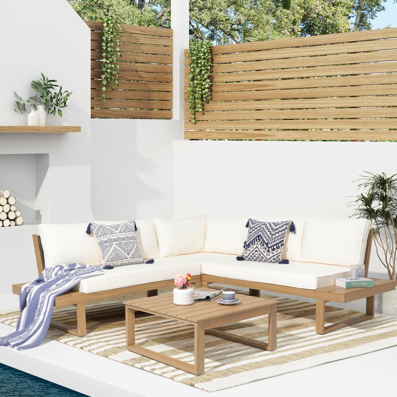 4-Piece Acacia Wood L-Shaped Outdoor Sectional Sofa Set