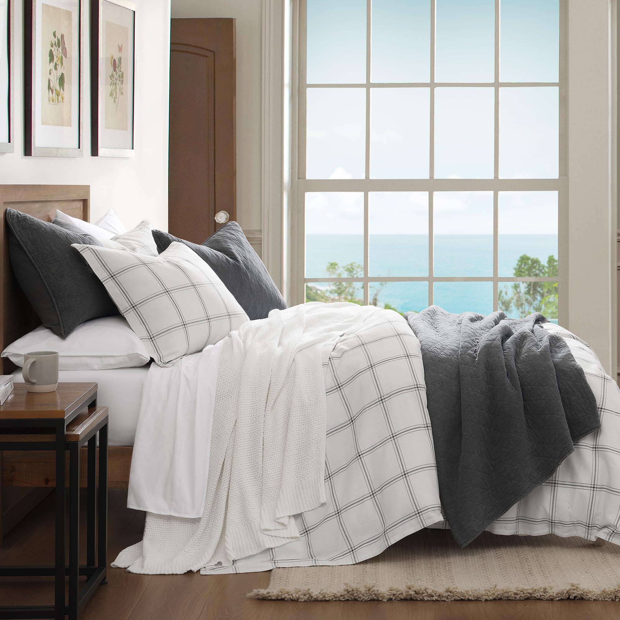 King Plaid Comforter Set White 3 Piece